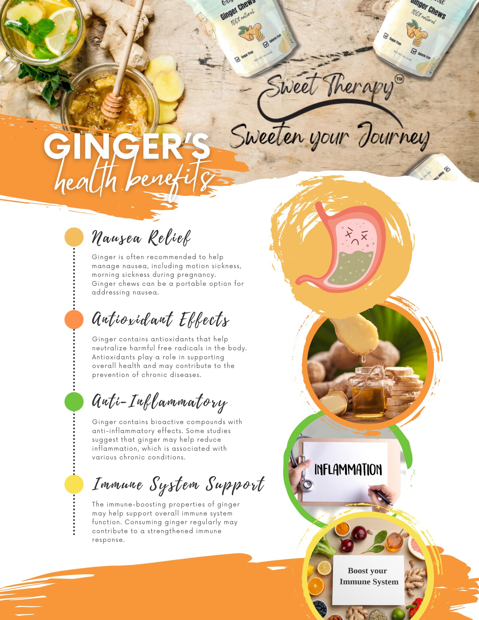 Sweet Therapy Ginger Chews Sugar Free - Sugar free ginger candy - Zero Sugar Candy - Healthy snacks - Calorie free candy - 1LB - Original flavor.