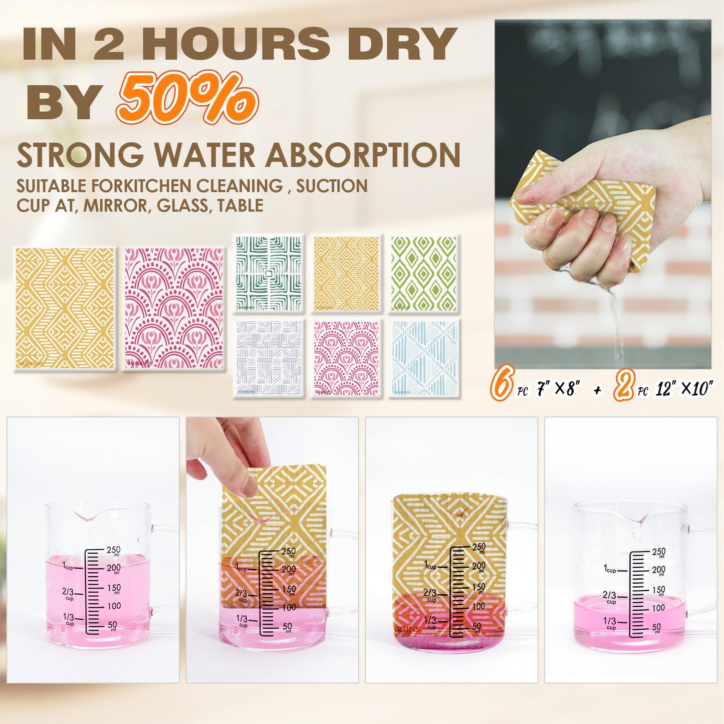 Morigins Swedish Kitchen Towel Set Reusable Kitchen Towel Set Absorbent Cellulose Sponge Cloth 8 Pack Set Biodegradable Ideal for Household Kitchen