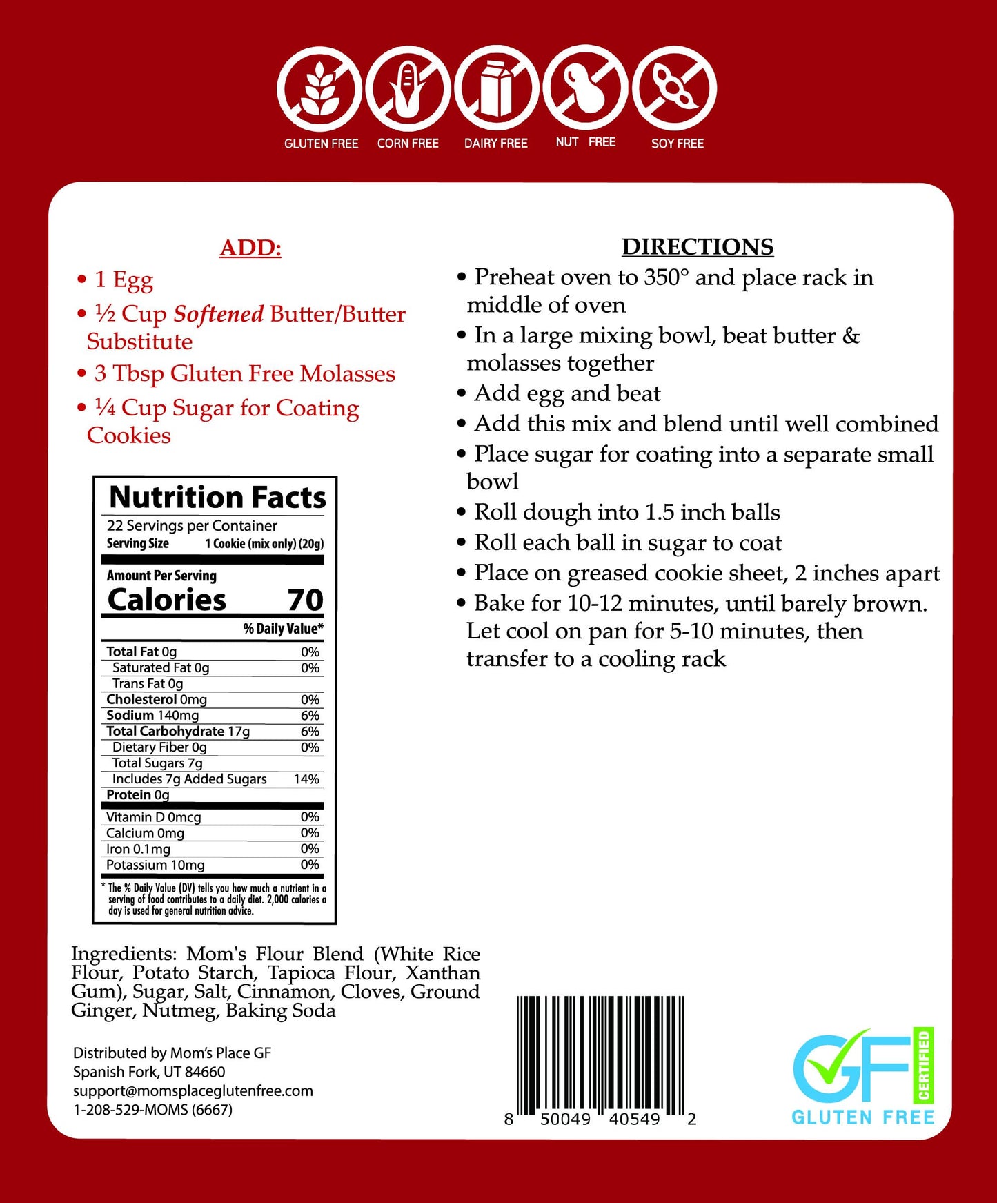 Mom’s Place Gluten-Free Molasses Cookie Mix, Dessert Baking, Easy to Make, 22 Servings, Nut Free, Dairy Free, Soy Free, 15.2 oz