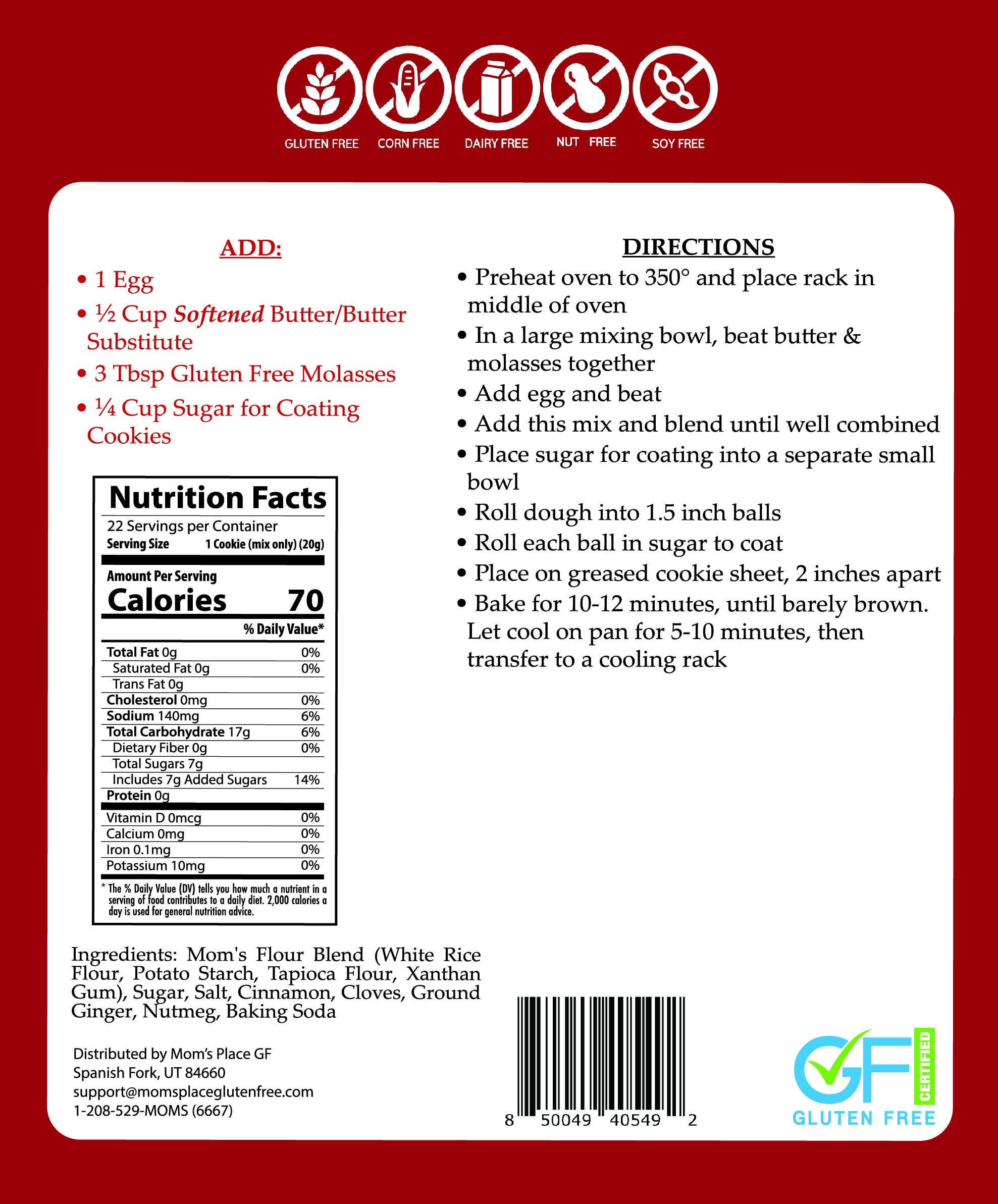 Mom’s Place Gluten-Free Molasses Cookie Mix, Dessert Baking, Easy to Make, 22 Servings, Nut Free, Dairy Free, Soy Free, 15.2 oz