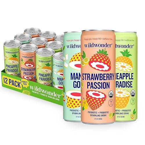 wildwonder Sparkling Probiotic Drink 12pk, For Gut Health & Immune Support, Tropical Vibes Variety, 5g Prebiotic Fiber, Live Probiotics, Organic