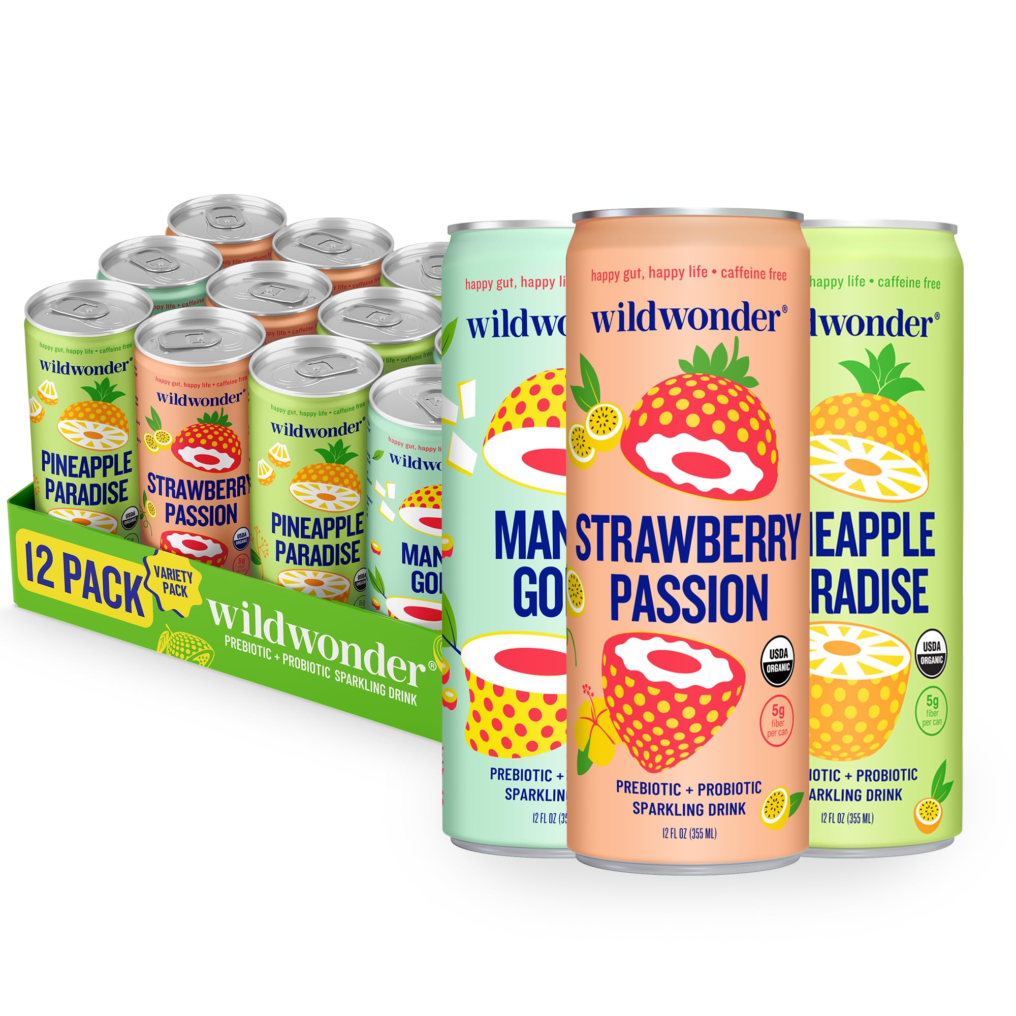 wildwonder Sparkling Probiotic Drink 12pk, For Gut Health & Immune Support, Tropical Vibes Variety, 5g Prebiotic Fiber, Live Probiotics, Organic