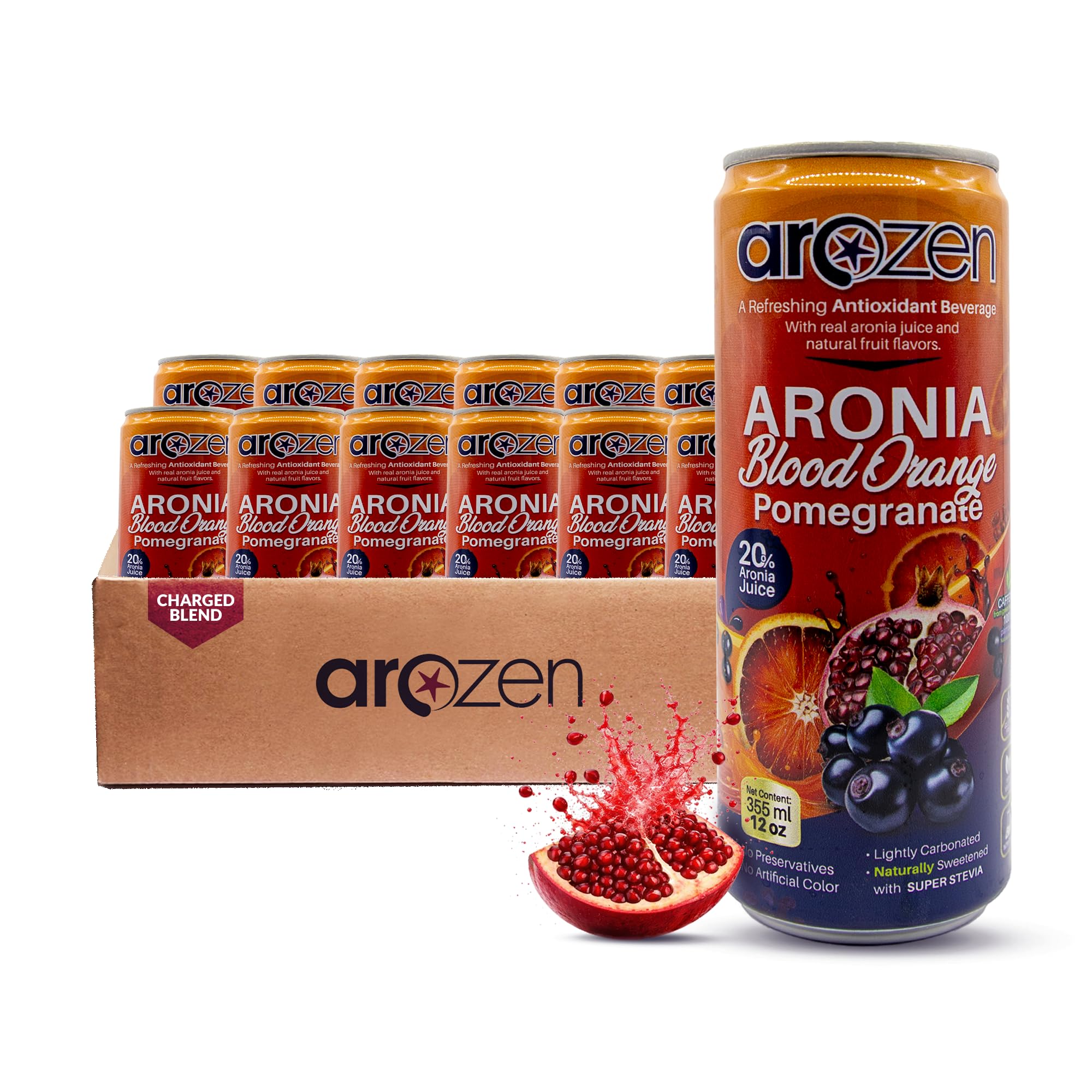 AROZEN Blood Orange Pomegranate Beverage, Antioxidant Energy Drink | Lightly Carbonated Citrus Wellness Drink with Green Tea Caffeine | Vegan Low