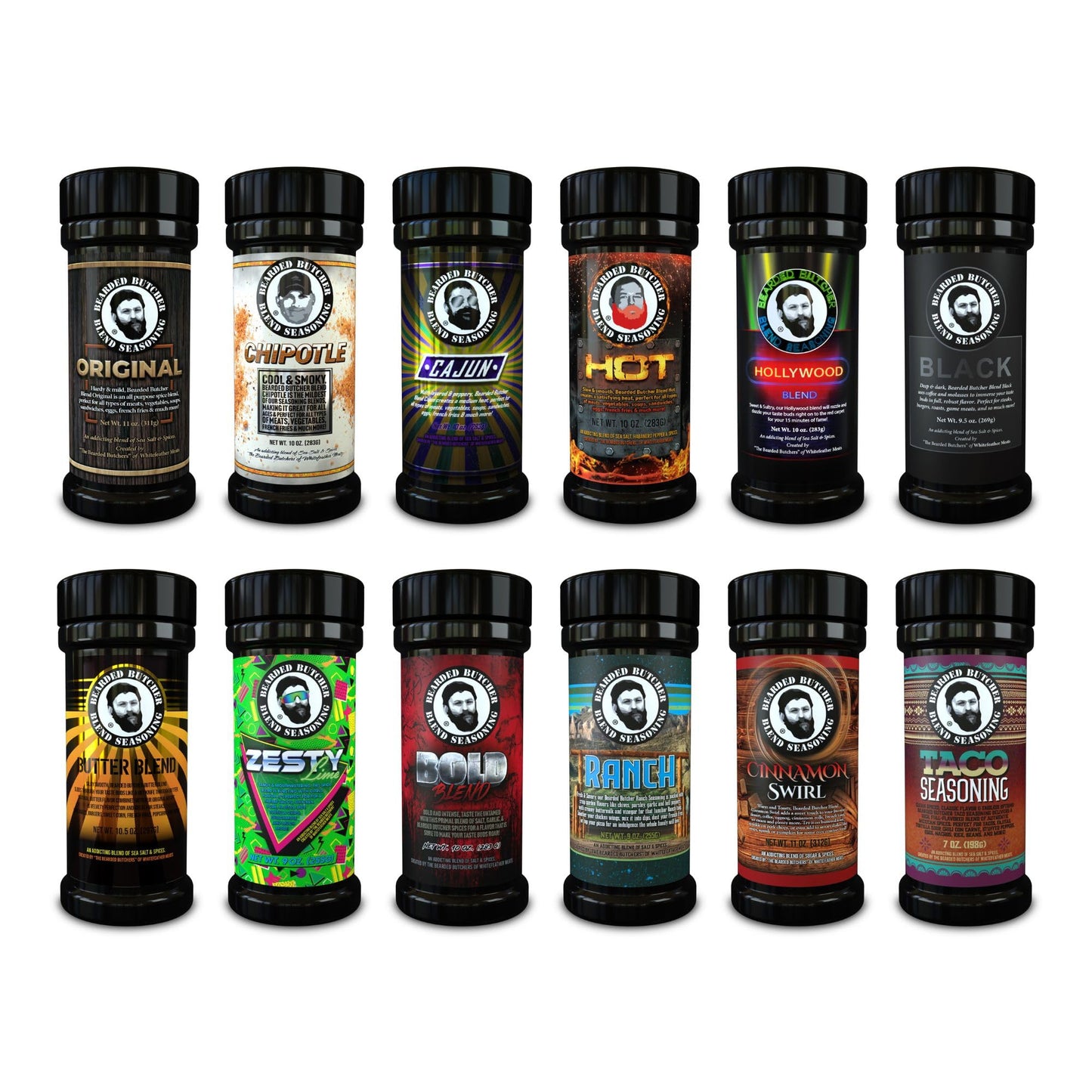 Bearded Butchers Ultimate 12-Pack Seasoning Bundle - Includes All Bearded Butchers Flavors - Original, Chipotle, Cajun, Hot, Hollywood, Black, Butter