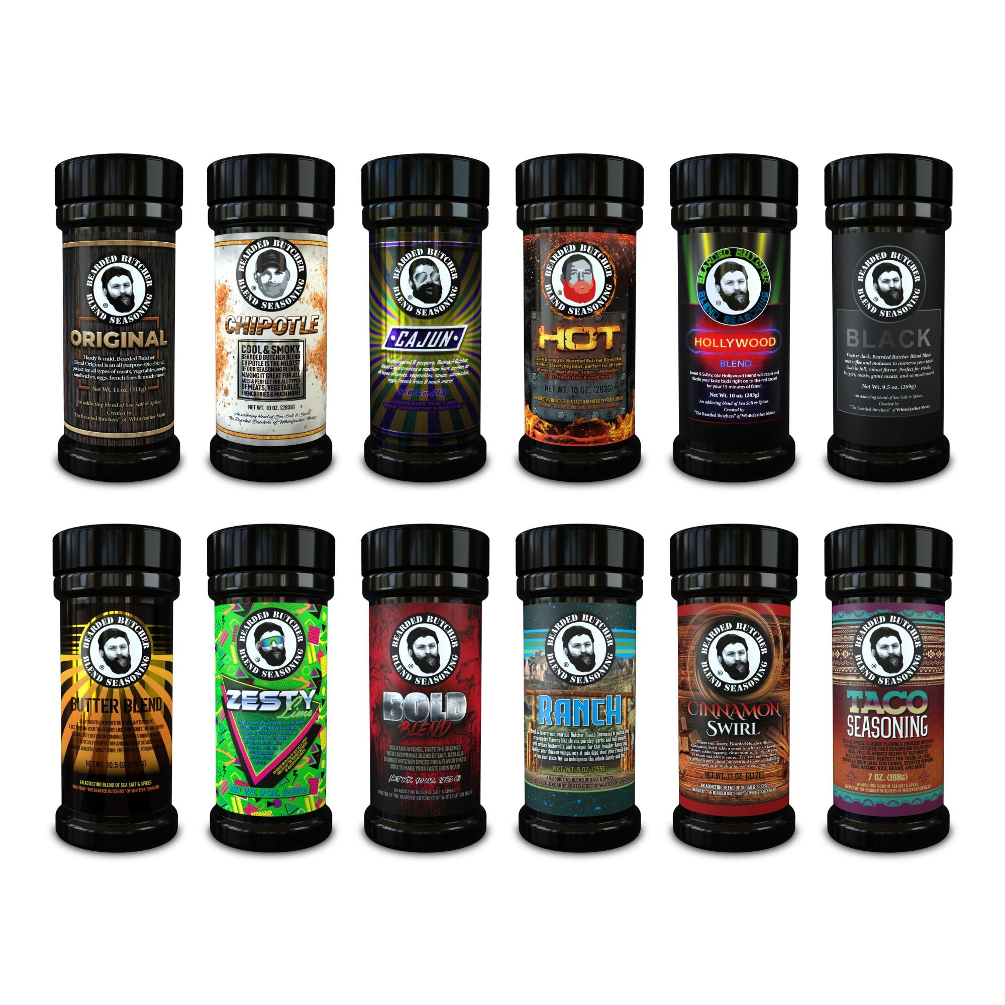 Bearded Butchers Ultimate 12-Pack Seasoning Bundle - Includes All Bearded Butchers Flavors - Original, Chipotle, Cajun, Hot, Hollywood, Black, Butter