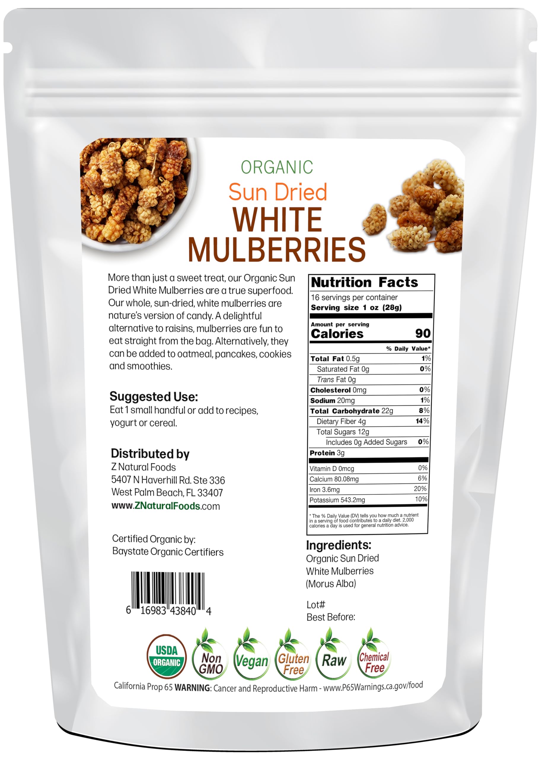 Organic White Mulberries - Sun Dried 100% Pure - No Sugar Added - Exotic All Natural Raisin Alternative - Superfood Fruit Snack for Trail Mix