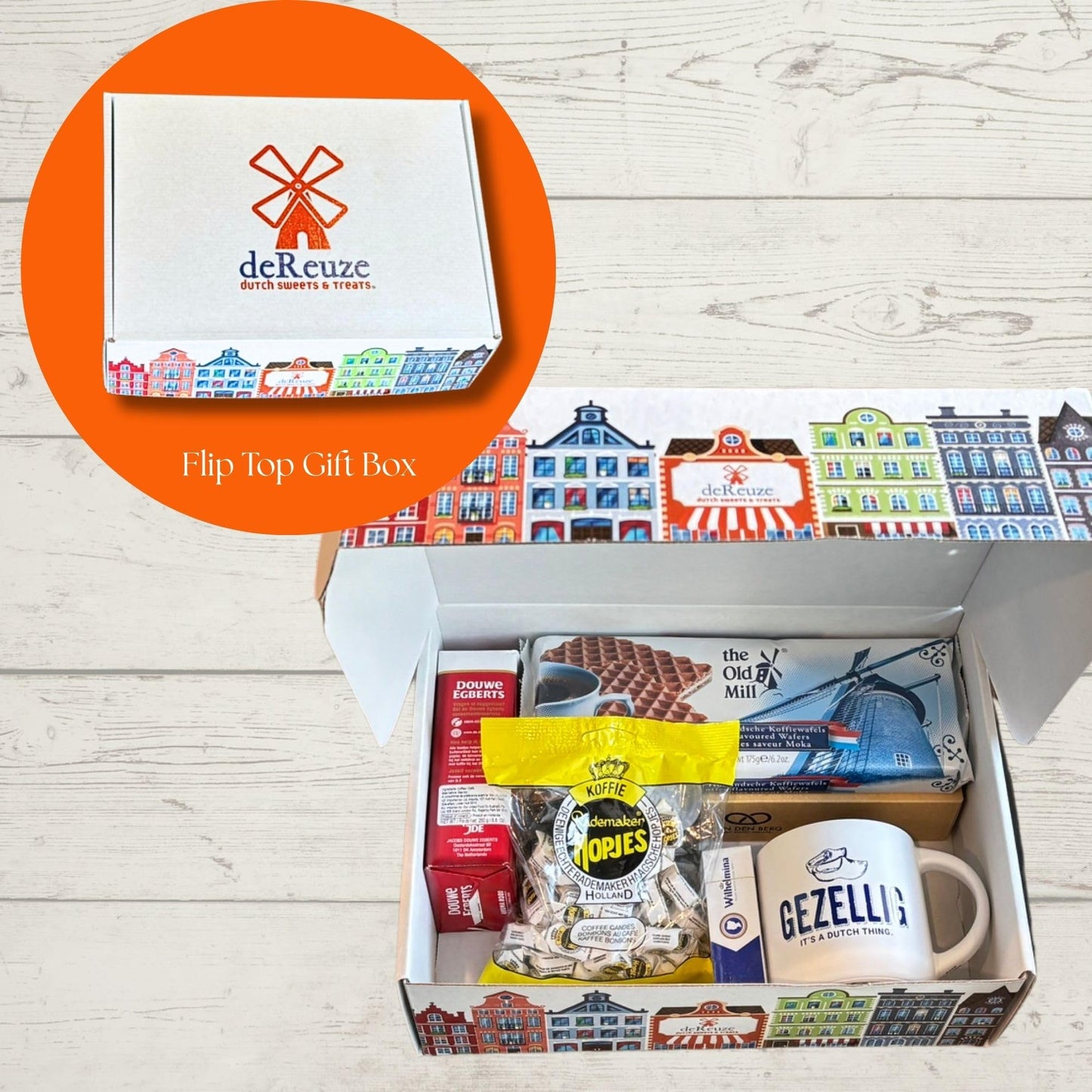 deReuze Netherlands Snack Box Including European Ground Coffee Candy and Wafer Cookies Breath Mints Snack Pack with Gezellig Mug Imported Dutch Gift