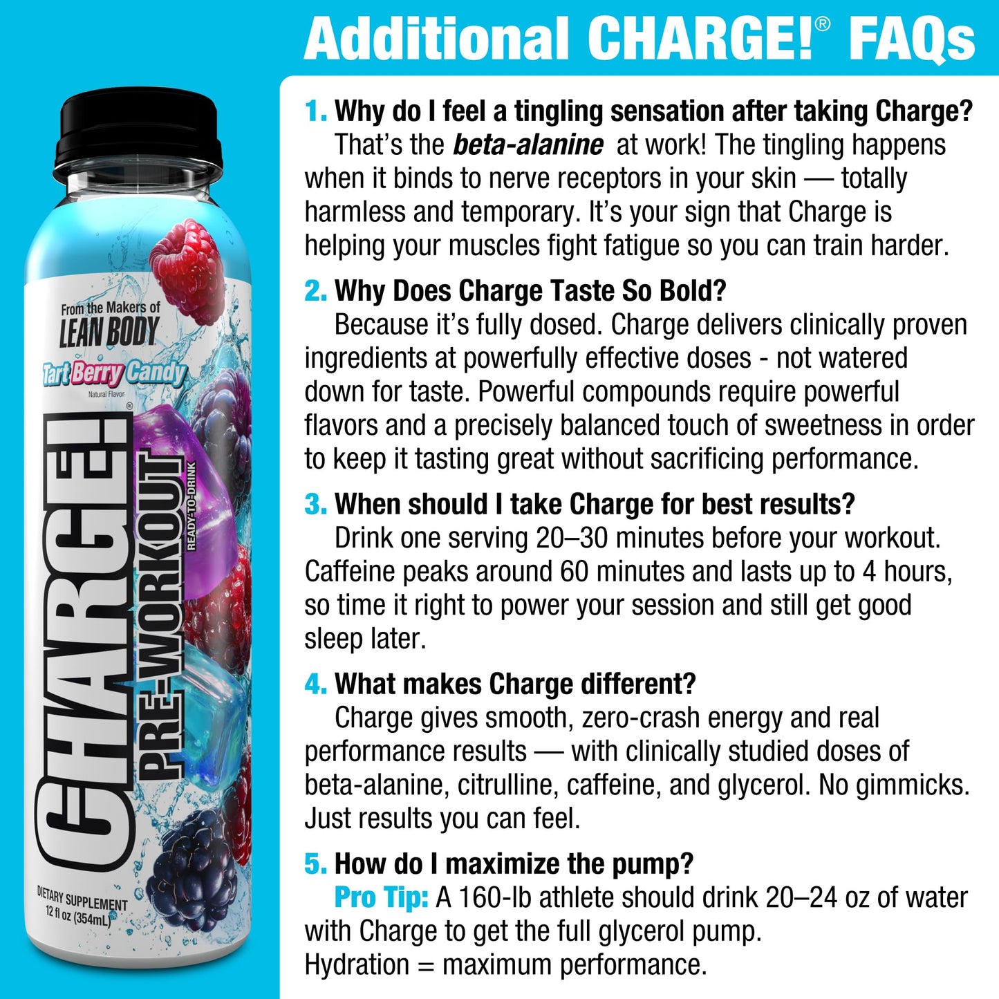 LABRADA Charge Pre Workout Tart Berry Candy RTD Drink - Pump, Energy, Endurance Formula with 10g Glycerol, 6g L-Citrulline Malate, 4g Beta Alanine