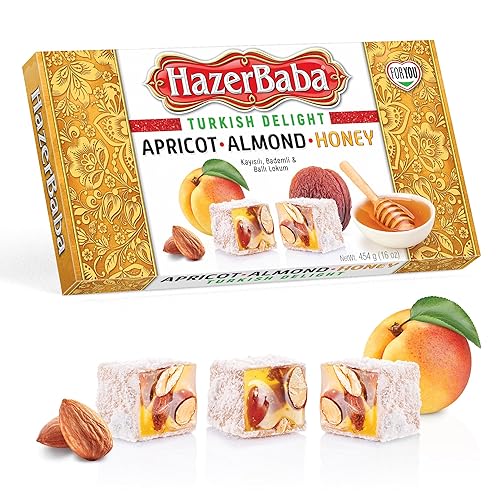 Hazer Baba Turkish Delight Candy with Apricot, Almond & Honey, Gourmet Snack Box, Traditional, Turkish Lokum, Unique Sweets, Loukumi, Delicias Turcas