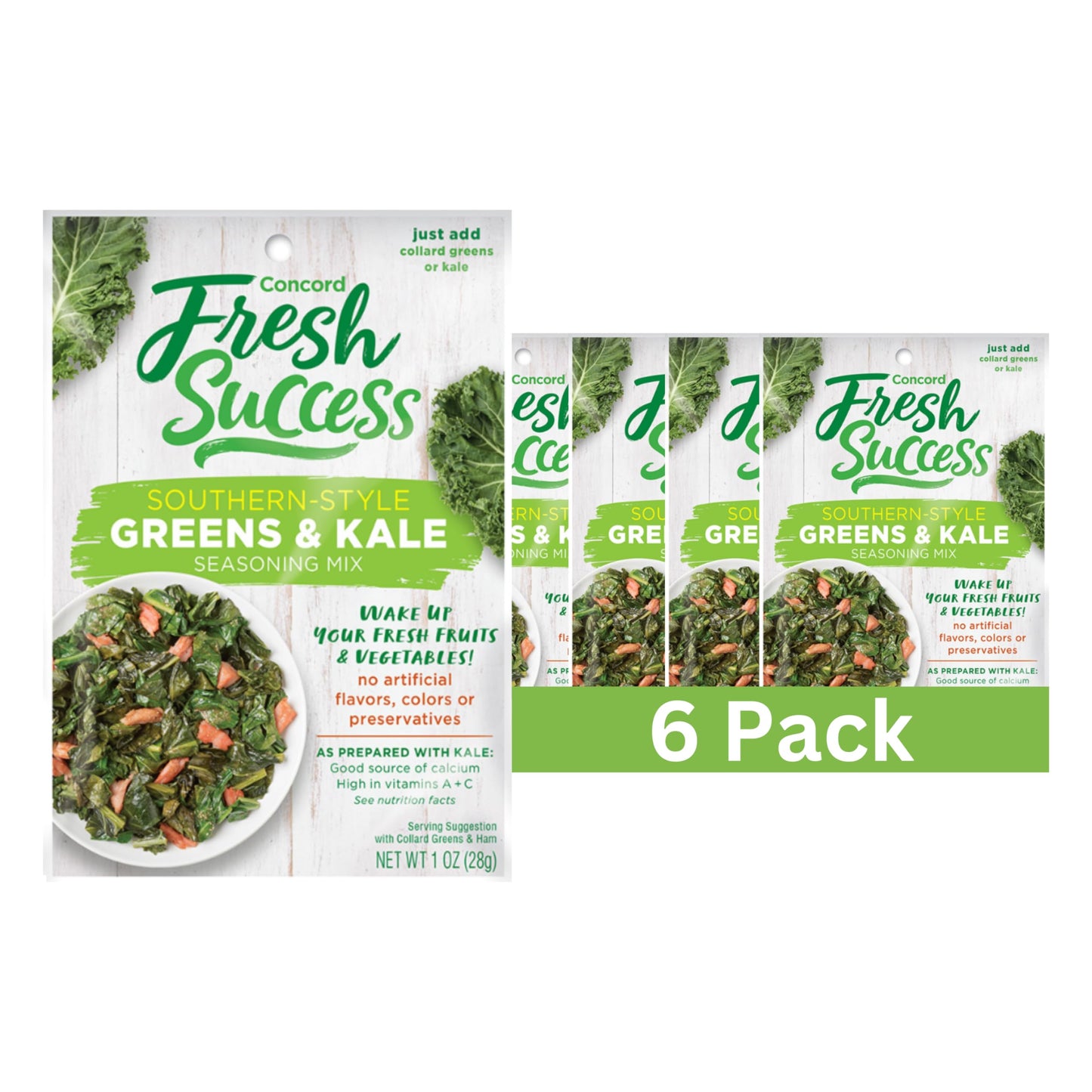 Concord Foods Southern-Style Greens and Kale Seasoning Mix Authentic Southern Flavors for Delicious, Smoky Kale and Collard Greens 1 oz (Pack of 6)