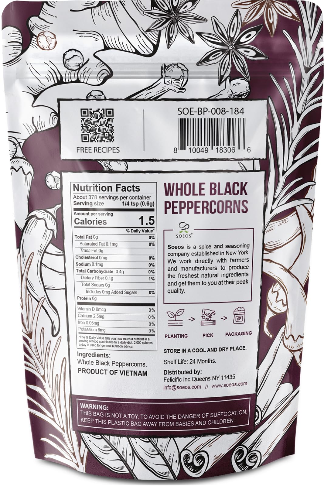 Soeos Black Peppercorns, 8oz (Pack of 1), Non-GMO, Kosher, Packed to Keep Peppers Fresh, Peppercorn for Grinder Refill, Whole Peppercorns