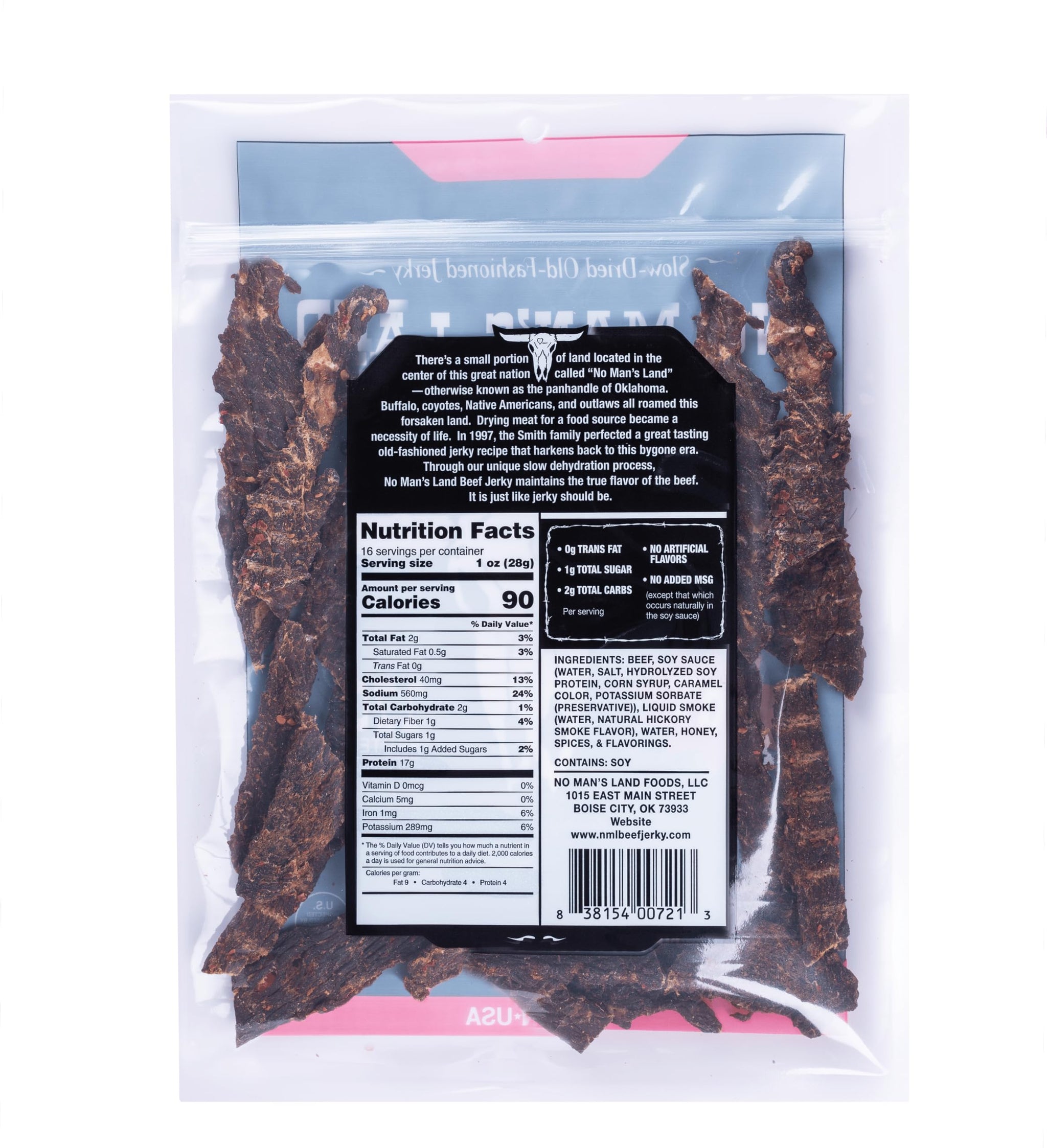 No Mans Land Premium Beef Jerky | 17G High Protein Slow-Dried Beef Snack | Smoked & Seasoned Jerky Strips | HOT 16oz Bag