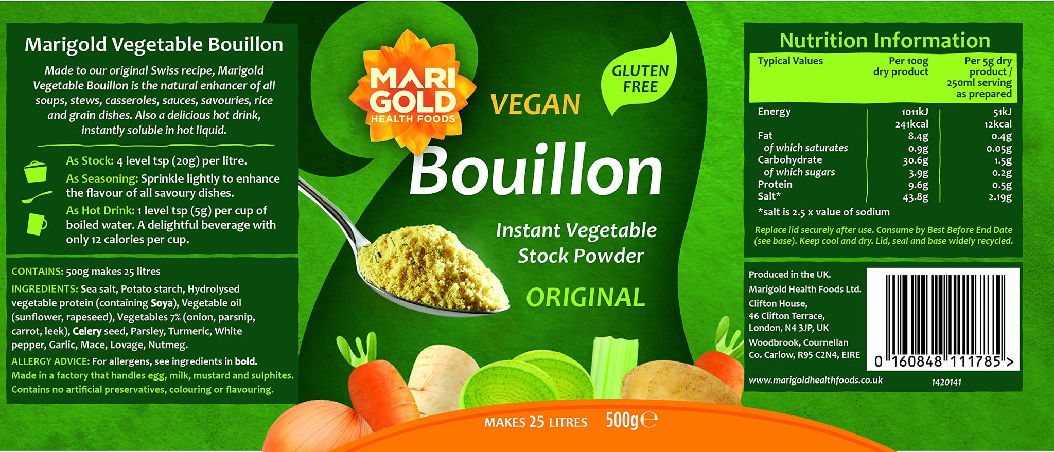 Marigold Health Foods Bouillon Instant Vegetable Stock Powder 500 g - Vegan & Gluten Free - Makes 25 Litres