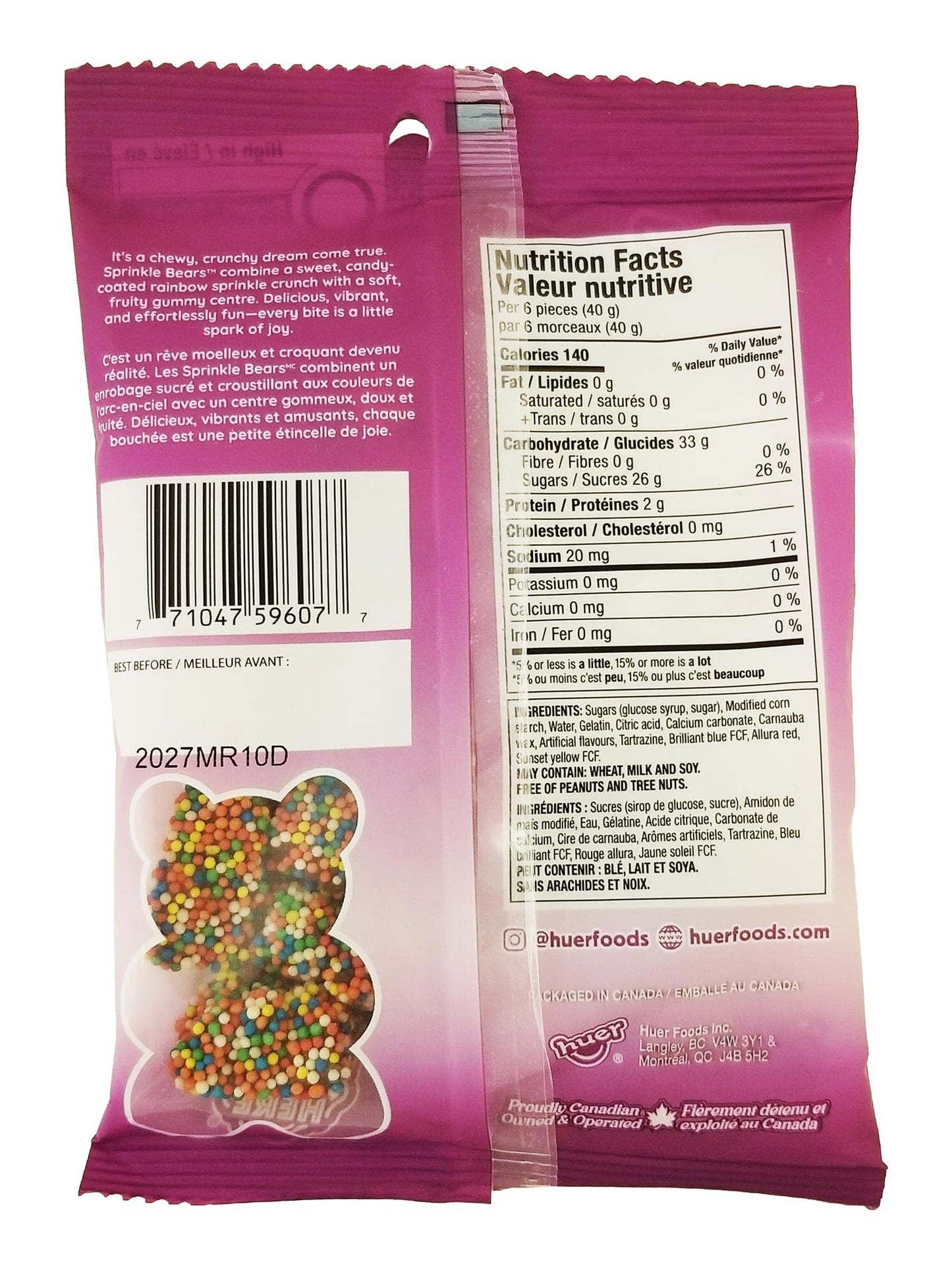 Huer Sprinkle Bears Gummies, Assorted Flavors, Rainbow Gummy Candy - 120g/4.2 oz