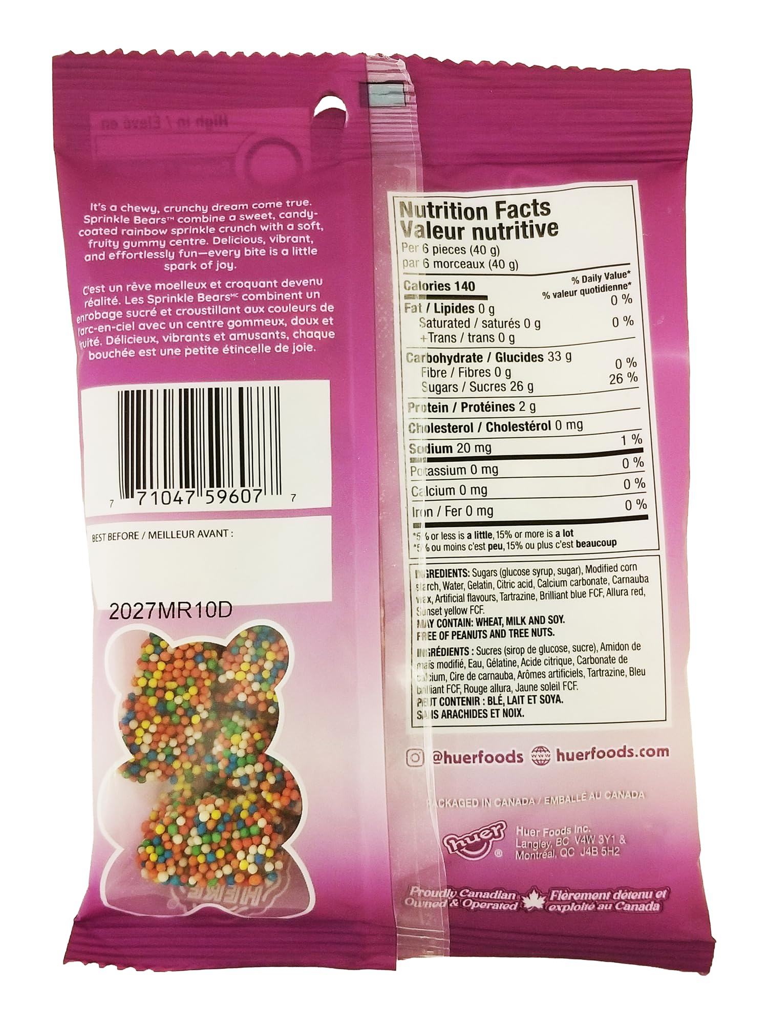 Huer Sprinkle Bears Gummies, Assorted Flavors, Rainbow Gummy Candy - 120g/4.2 oz