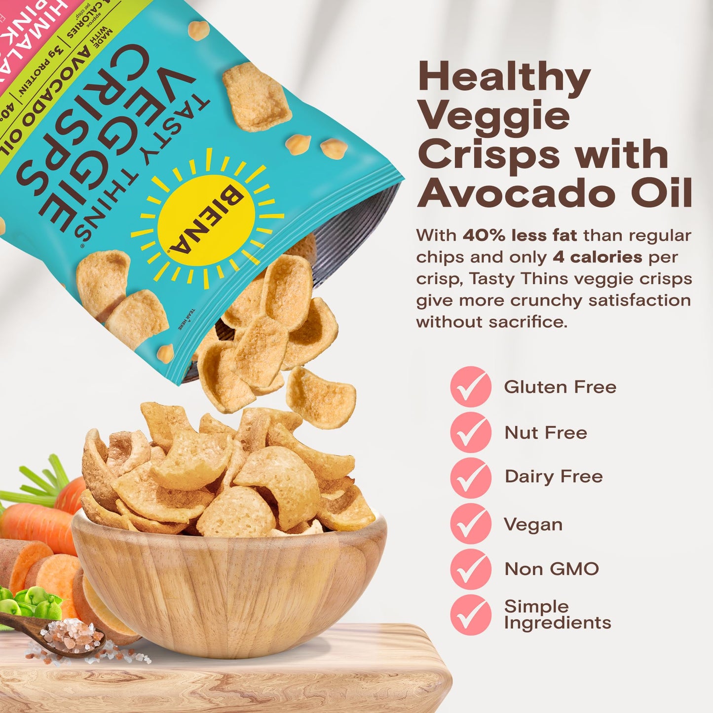 BIENA Tasty Thins Veggie Crisps - Made with Avocado Oil - Low Calorie Veggie Chips for Adults and Kids - 4-Pack, 4 Ounce Bags - Himalayan Pink Salt