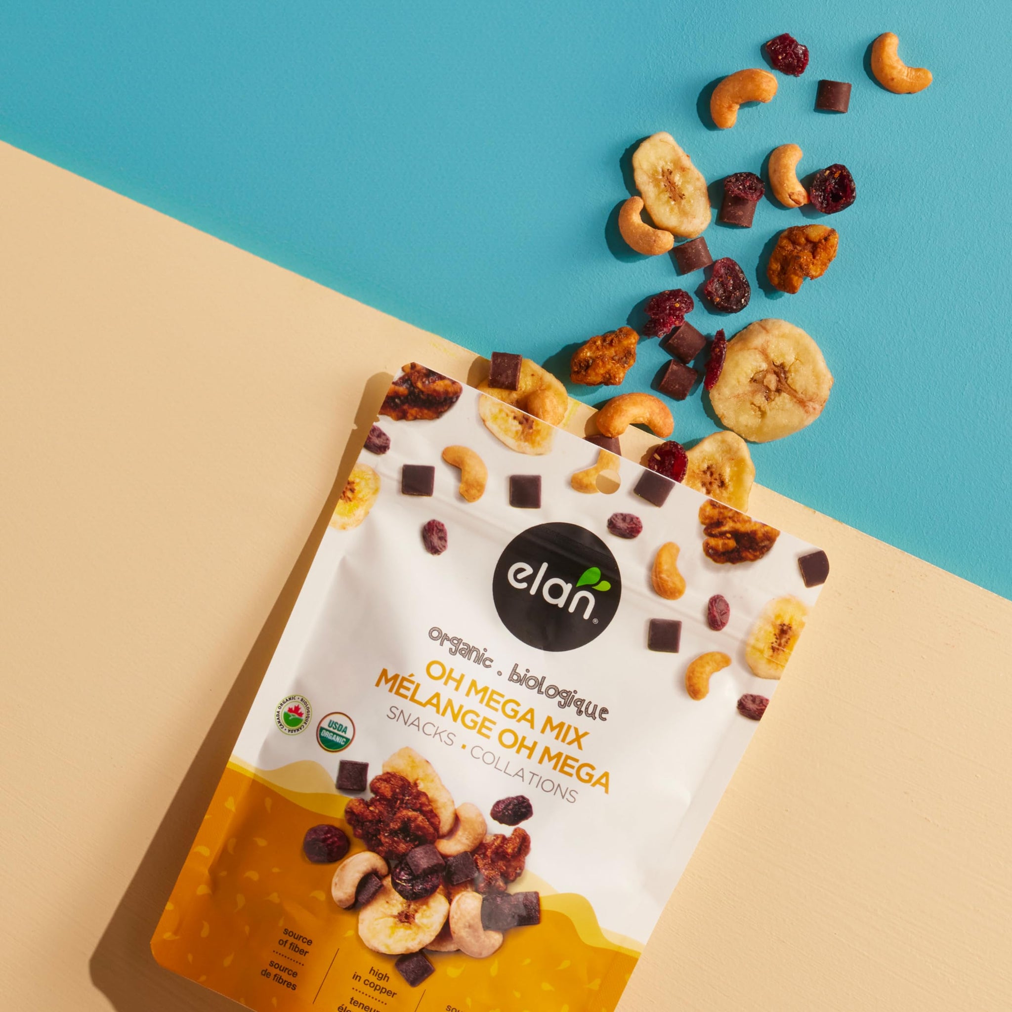 Elan Organic Oh Mega Mix, 4.8 oz, Vegan Dark Chocolate, Dried Fruits (Cranberries & Banana Chips), Nuts (Chia Walnuts & Roasted Cashews), Non-GMO