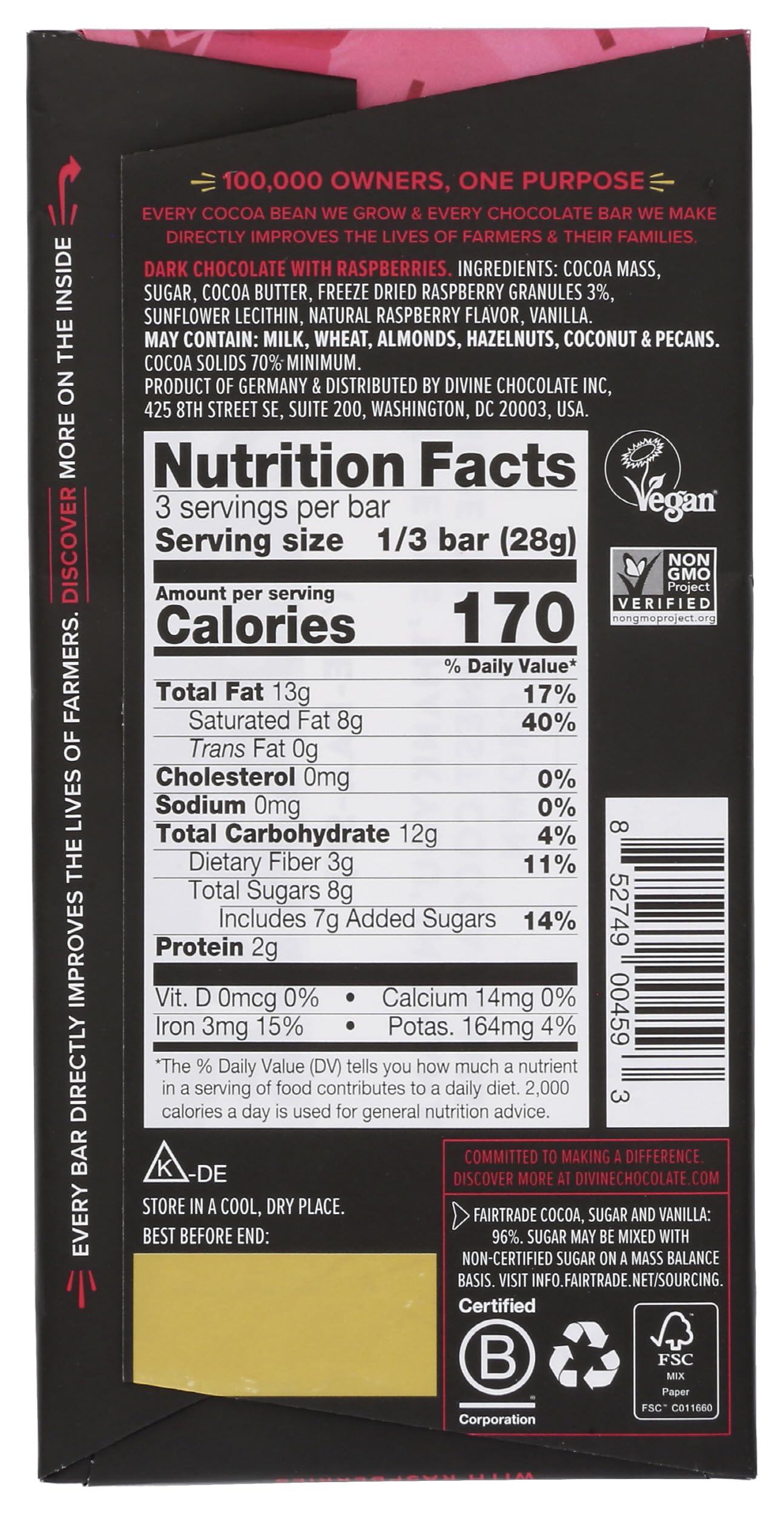 Divine Chocolate, Bar Dark Chocolate Raspberries 70%, 3 Ounce