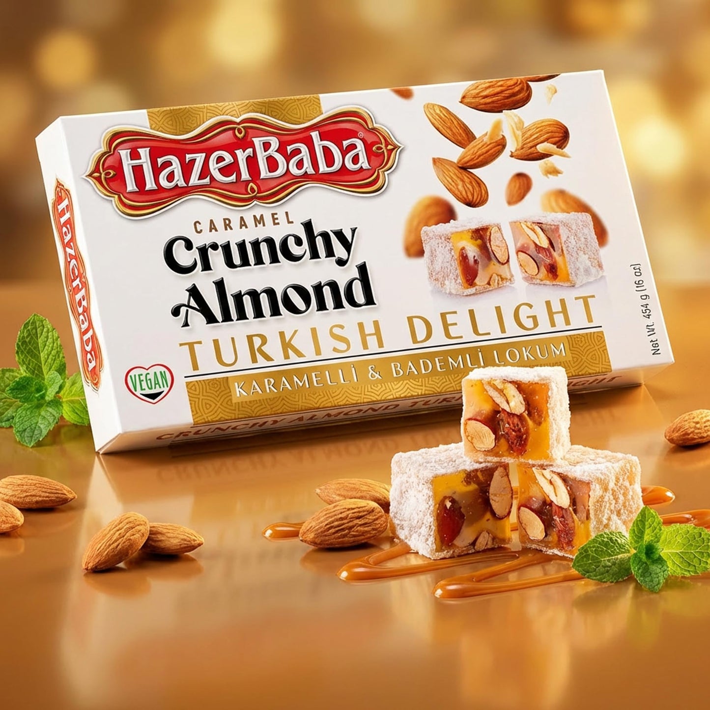 HazerBaba Turkish Delight Candy with Crunchy Almond, 16oz (Pack of 1)