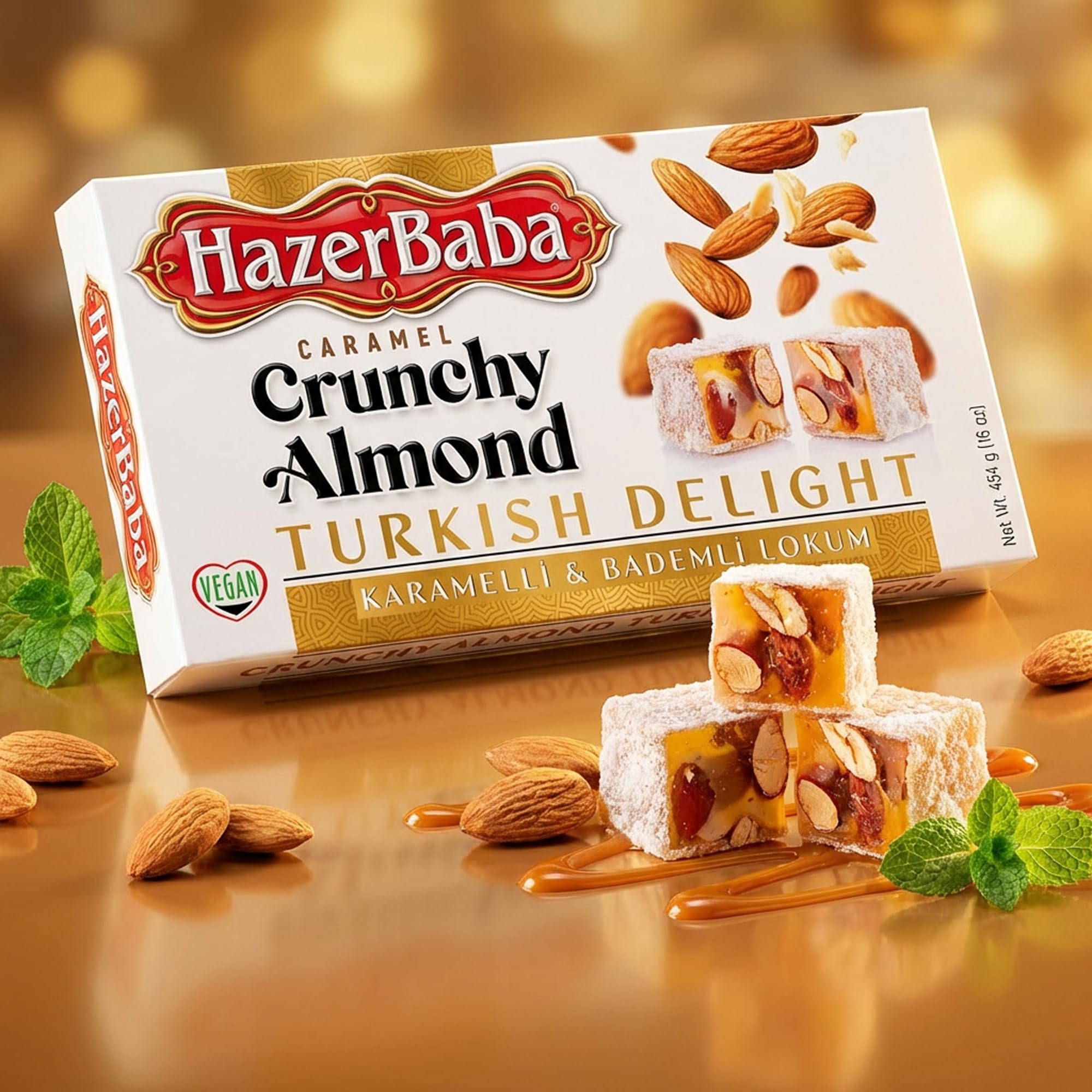 HazerBaba Turkish Delight Candy with Crunchy Almond, 16oz (Pack of 1)