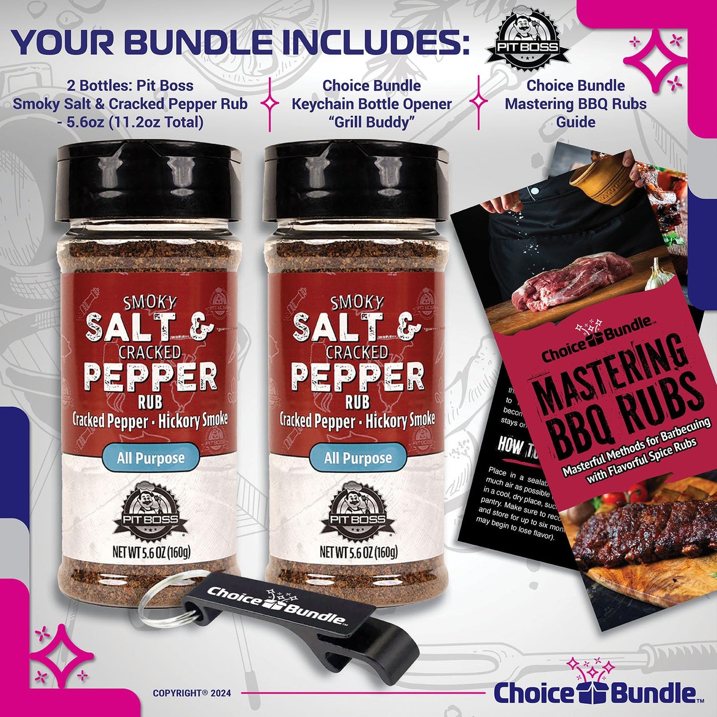 Pit Boss Smoky Salt & Cracked Pepper All Purpose AP Premium BBQ Barbecue Mixed Seasoning Spice & Rub 2 pk Choice Bundle (11.2 oz) + Guide & Keychain