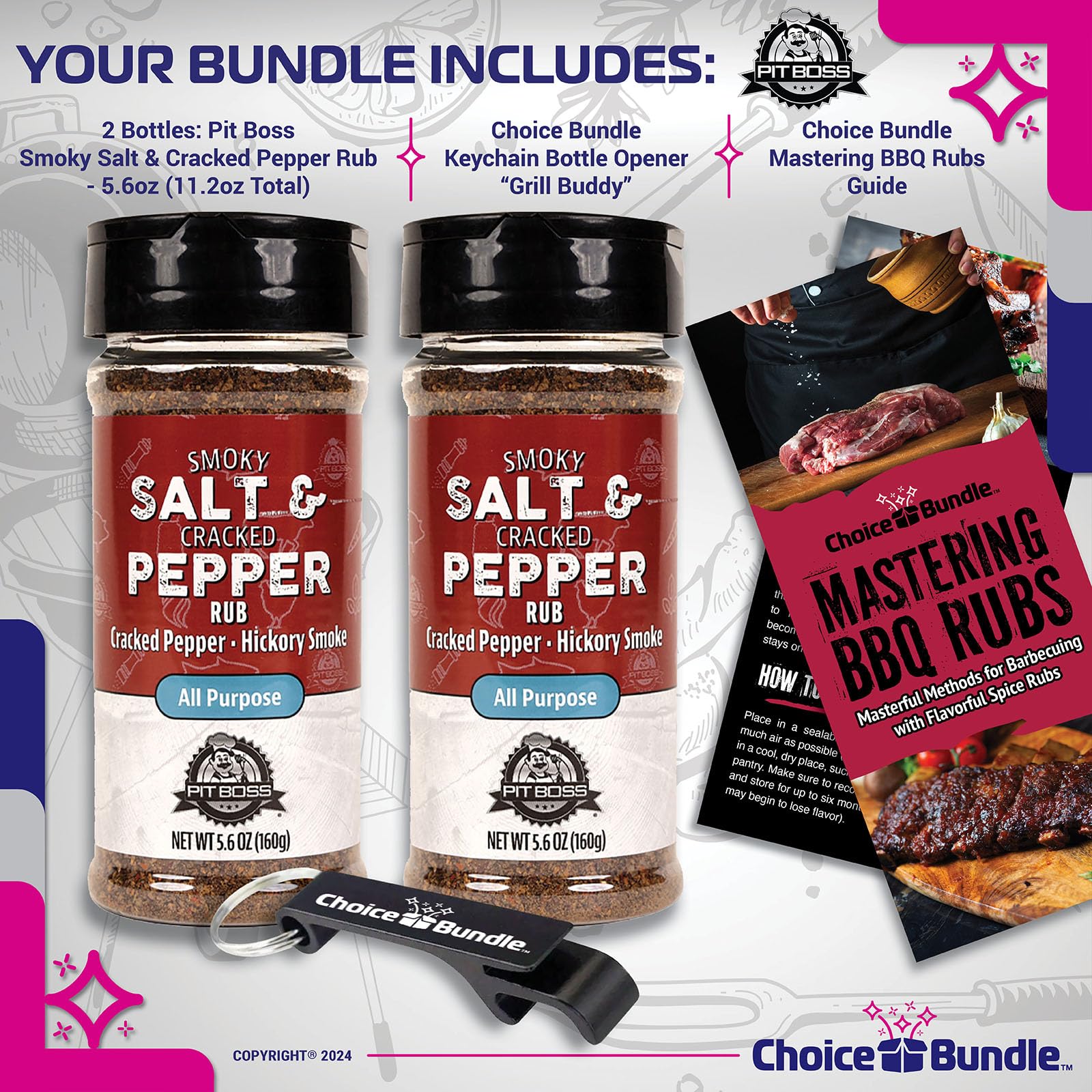 Pit Boss Smoky Salt & Cracked Pepper All Purpose AP Premium BBQ Barbecue Mixed Seasoning Spice & Rub 2 pk Choice Bundle (11.2 oz) + Guide & Keychain