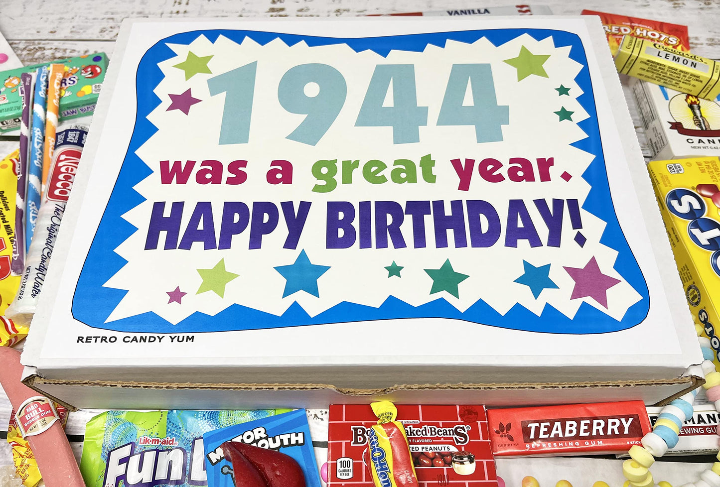 RETRO CANDY YUM ~ 1944 82nd Birthday Gift Box of Nostalgic Candy from Childhood for 82 Year Old Man or Woman Born 1944