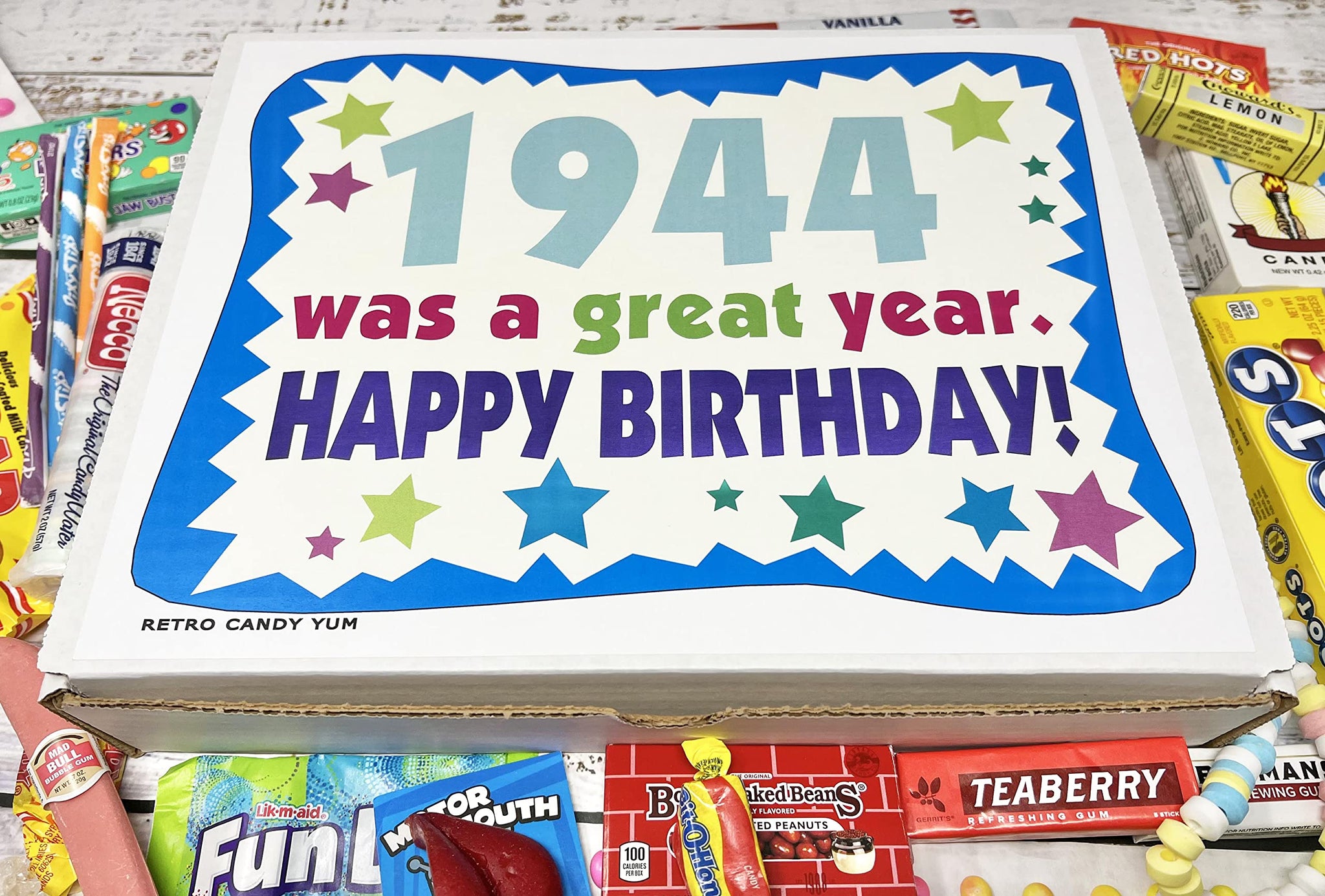 RETRO CANDY YUM ~ 1944 82nd Birthday Gift Box of Nostalgic Candy from Childhood for 82 Year Old Man or Woman Born 1944