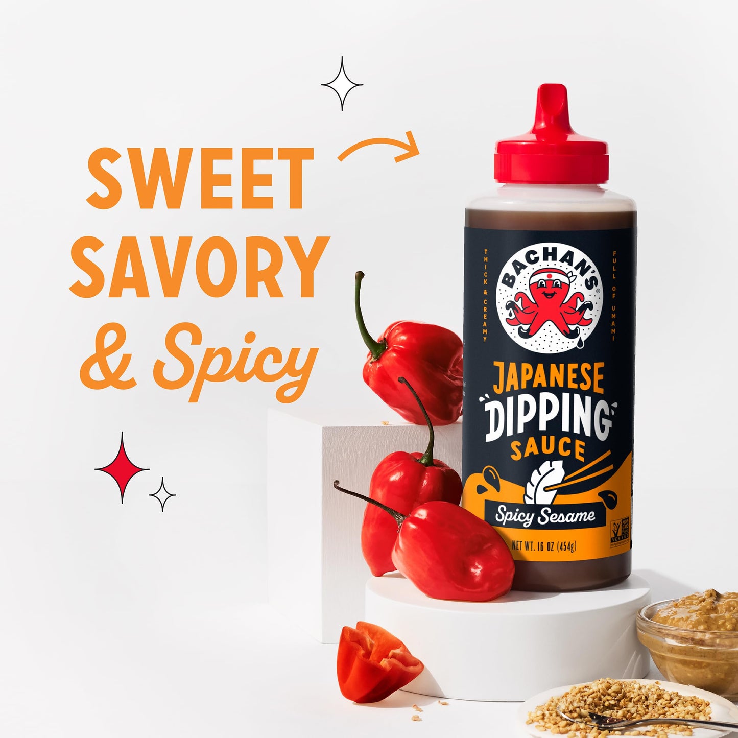Bachan's Japanese Dipping Sauce - Spicy Sesame, 16 Oz Bottle, Cold-Filled, Non GMO, No Preservatives, No Nut, Non Dairy, Vegan and BPA free. Dipping