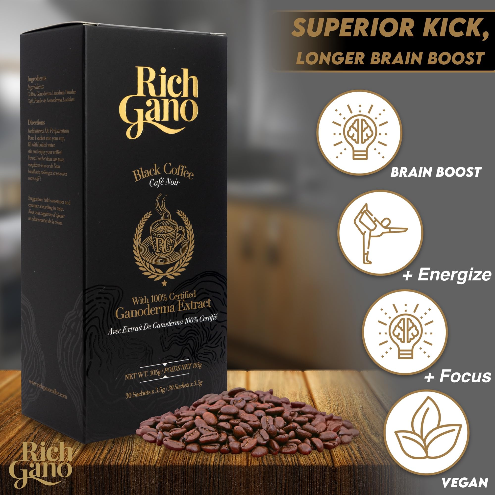 Rich Gano Reishi Mushroom Coffee - (12 Boxes of 30 Sachets) Black Coffee with Ganoderma Extract - All Natural Vegan Friendly Instant Coffee Packets