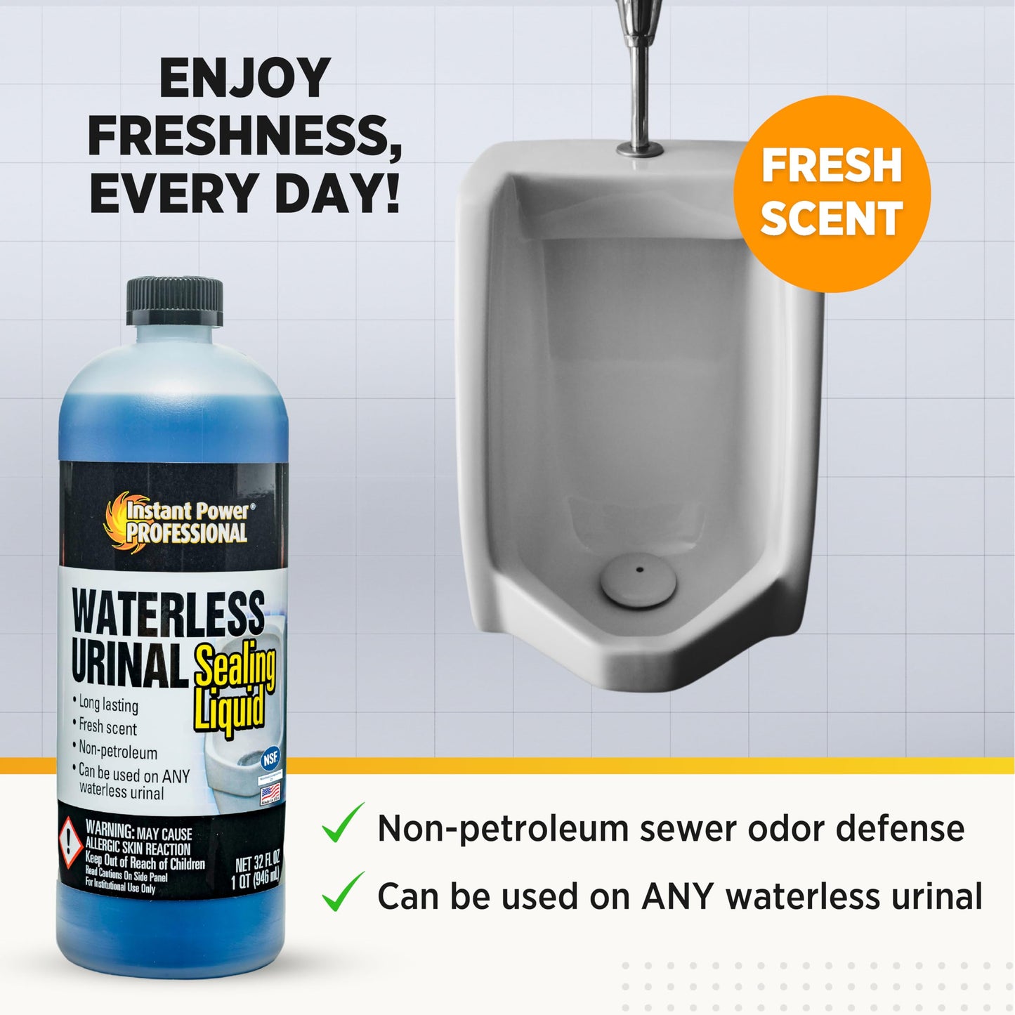 Instant Power Professional Waterless Urinal Sealing Liquid - Urine Remover for Stains and Odors, Urine Deordorizer, Bathroom Cleaning Supplies - 32 Fl
