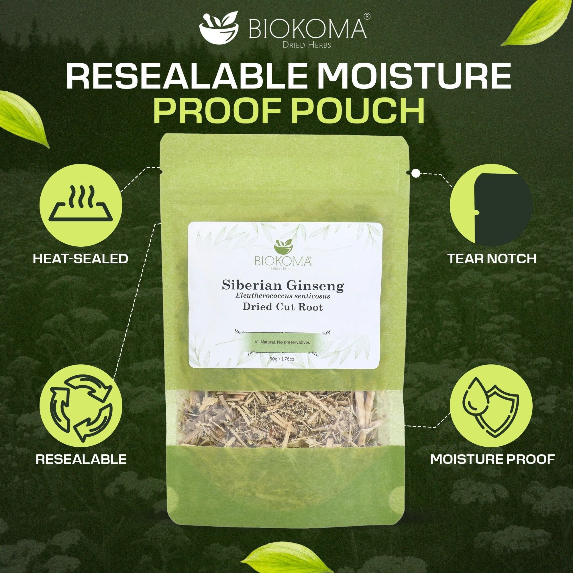 Biokoma Siberian Ginseng Root 50g (1.76 oz) Eleuthero senticosus - Dried Cut Energy Boost Wellness Support Herbal Tea Caffeine-Free Resealable