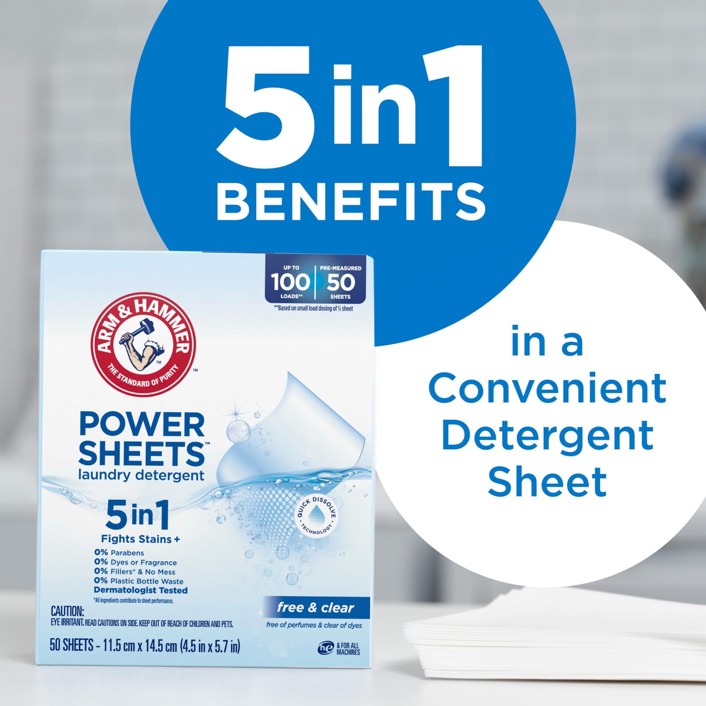 ARM & HAMMER 5in1 Power Sheets Laundry Detergent, Free & Clear, 50 Count, up to 100 Small Loads
