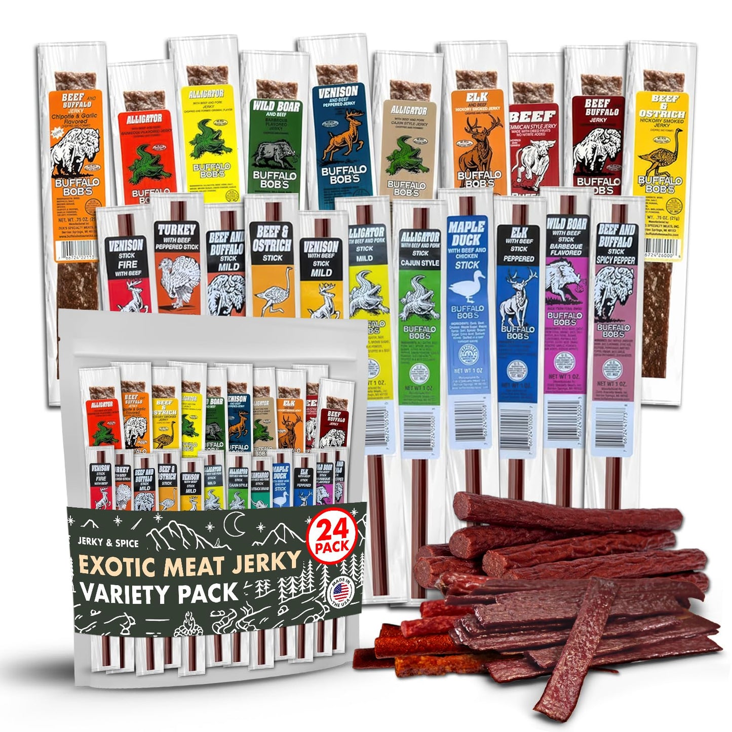 Buffalo Bob's Wild Game Meat Snacks | Beef Jerky Snack Pack | Flavorful Strips & Sticks | Exotic Beef Jerky Gift Basket | Meat Variety Snack | Ideal