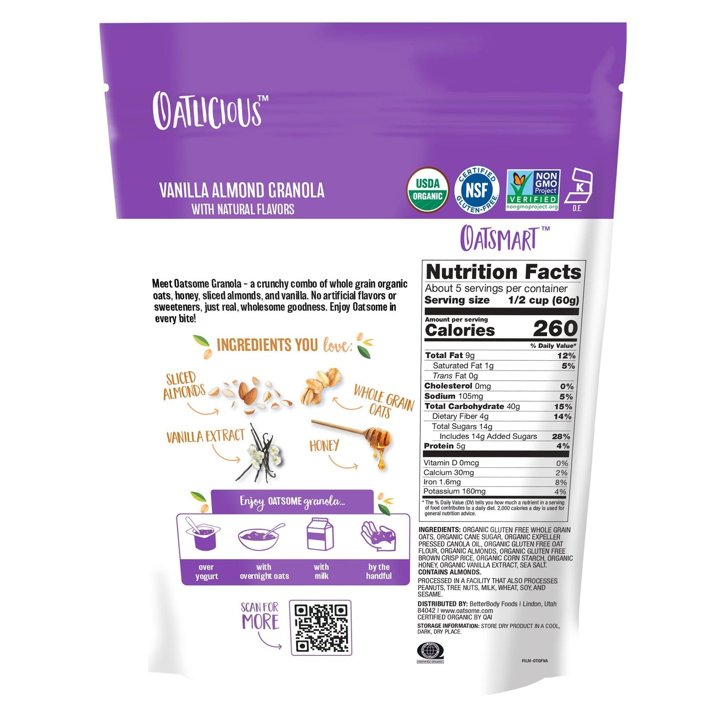 Oatsome Vanilla Almond Granola, Gluten Free, Non-GMO, 5g Protein, Made with Whole Grain Organic Oats, Honey, Almonds, & Vanilla, for Protein Snacks