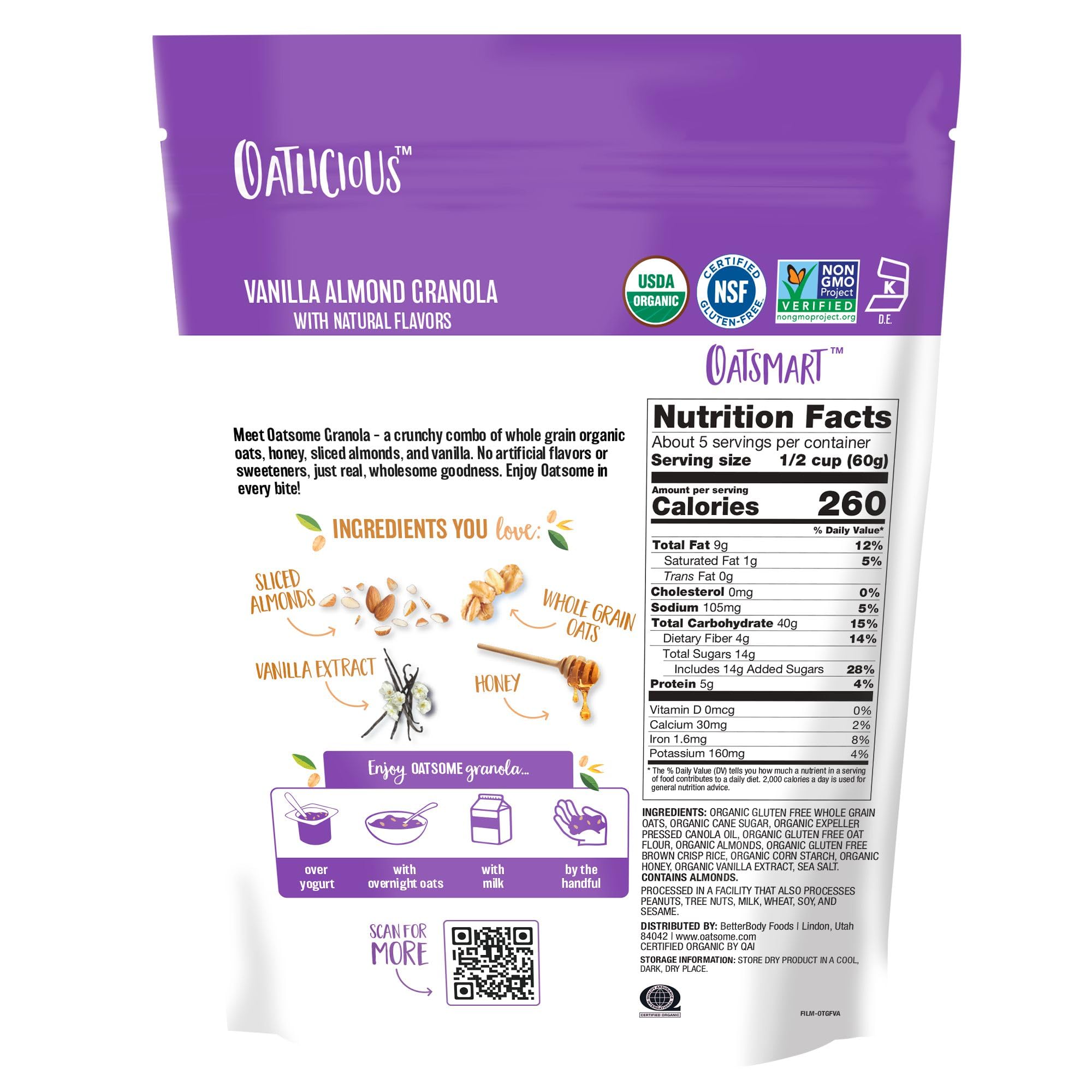 Oatsome Vanilla Almond Granola, Gluten Free, Non-GMO, 5g Protein, Made with Whole Grain Organic Oats, Honey, Almonds, & Vanilla, for Protein Snacks