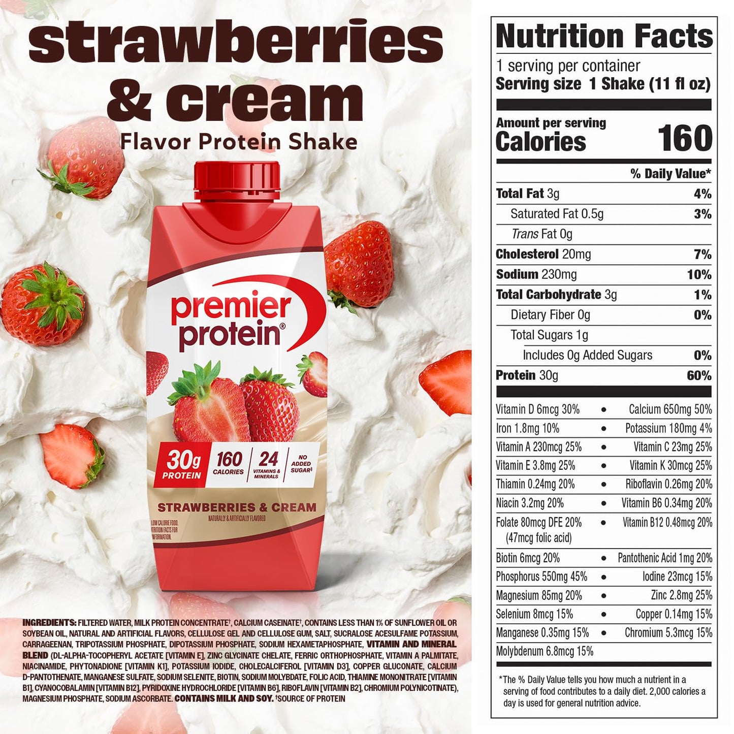 Premier Protein Shake, Strawberries & Cream, 30g Protein, No Added Sugar, 24 Vitamins & Minerals to Support Immune Health, 11 fl oz, 12 Pack