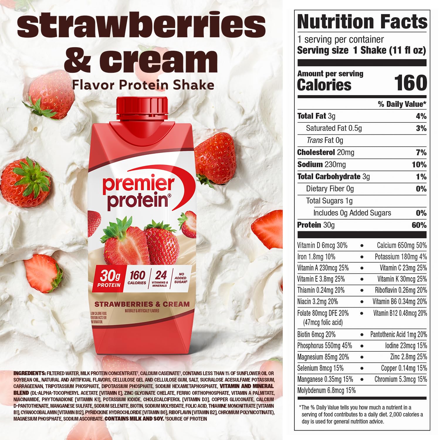 Premier Protein Shake, Strawberries & Cream, 30g Protein, No Added Sugar, 24 Vitamins & Minerals to Support Immune Health, 11 fl oz, 12 Pack