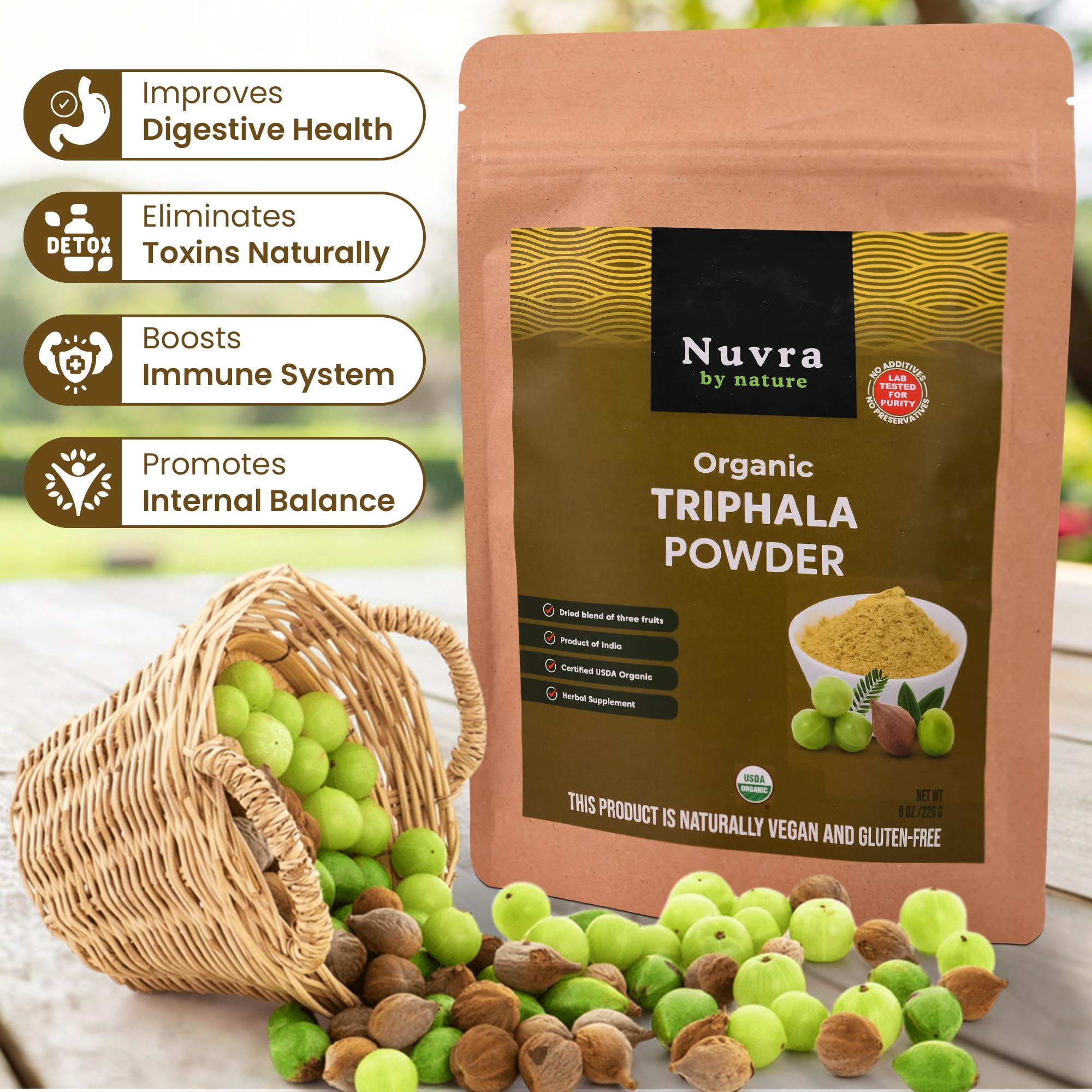Nuvra by Nature Organic Triphala Powder - 8 oz | Herbal Mix of Amla, Bibhitaki and Haritaki | 100% Pure & Natural | Supports Immunity and Gut Health |