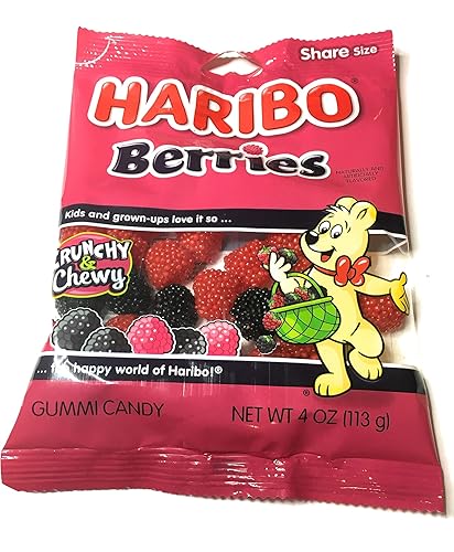 Haribo Of America (1) 4 oz Bag Haribo Berries Crunchy and Chewy Gummy Candy (Raspberries and Blackberries) Share Size Pack