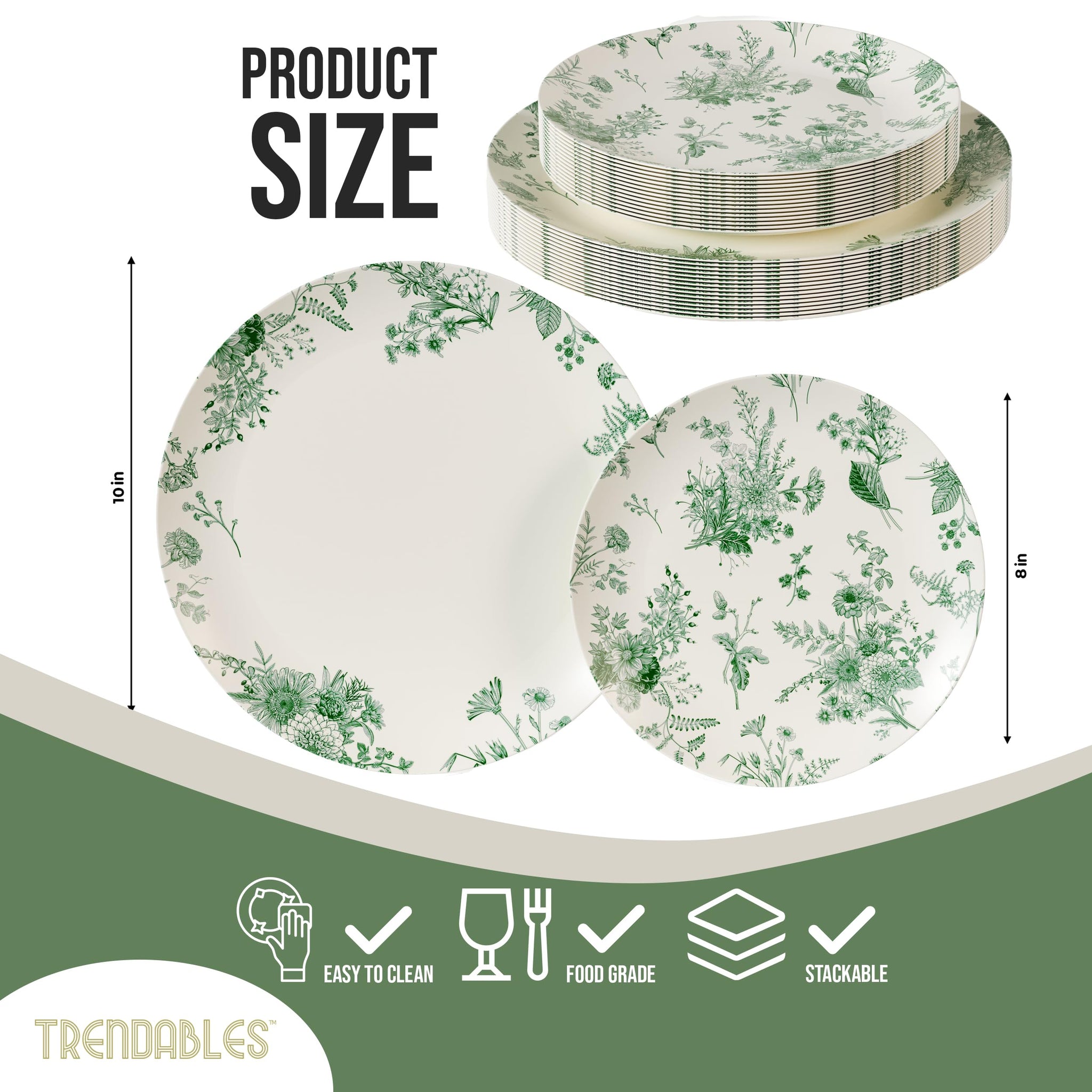 Trendables 80 Piece Plastic Disposable Plates Set For 40 Guests I 40 X 8 Inch Dessert Plates & 40 X 10 Inch Wedding Party Plates | Ivory & Green