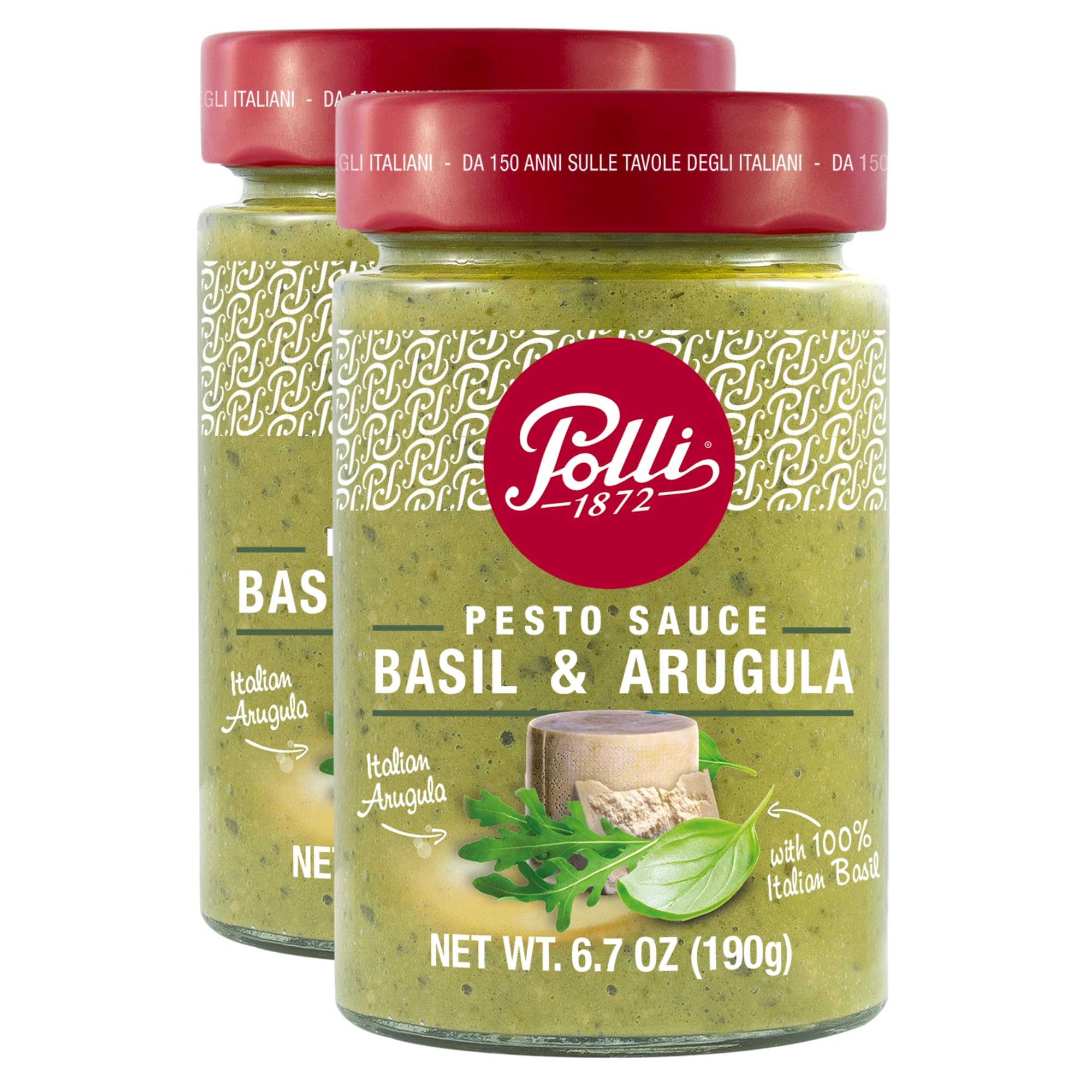 Polli Pesto Sauce Arugula & Basil - Italian Green Pesto with Basil, Parsley, Pecorino Romano DOP Cheese & Cashews - 2 Pack (6.7 oz Each)