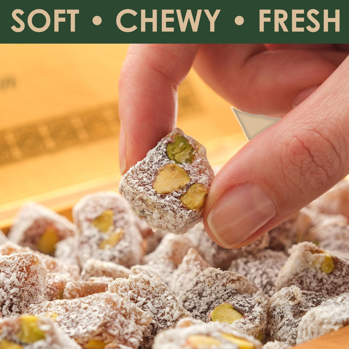 Coconut Turkish Delight with Pistachio - Soft Bird Lokum Candy, Traditional Turkish Sweets, Gourmet Arabic Candy Gift Box, Delicias Turcas, 17.6 oz