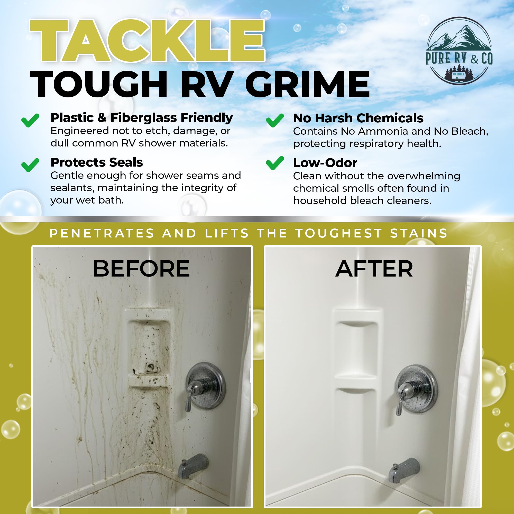 Pure RV Shower Cleaner 32oz Spray - RV Bathroom Cleaner for Fiberglass & Plastic | Removes Hard Water Stains, Soap Scum & Mildew | Bleach-Free, Low