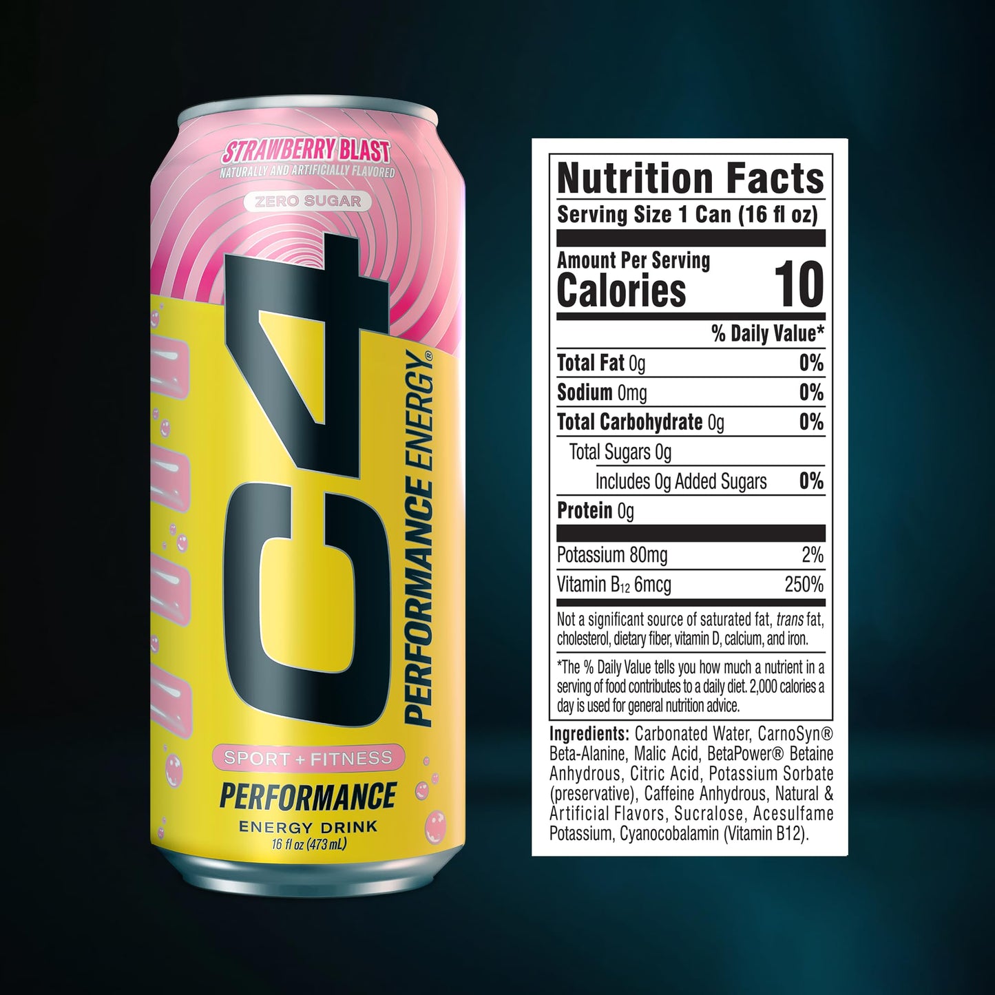 C4 Performance Energy Drink | Strawberry Blast | Zero Sugar Carbonated Preworkout Energy | 200mg Caffeine with Beta Alanine | 16 Fl Oz (12 Pack)