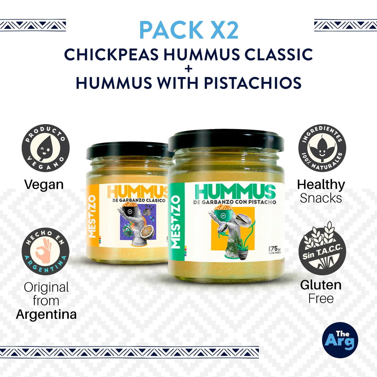 THEARG THE ARG | Pack Chickpeas Hummus Classic + Hummus with Pistachios | for Chips Crackers Bread and More | Natural Healthy Snacks