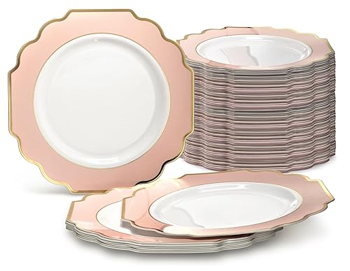 " OCCASIONS " 240 Plates Pack, Heavyweight Disposable Wedding Party Plastic Plates (8'' Appetizer/Dessert Plate, Imperial in White/Blush & Gold)