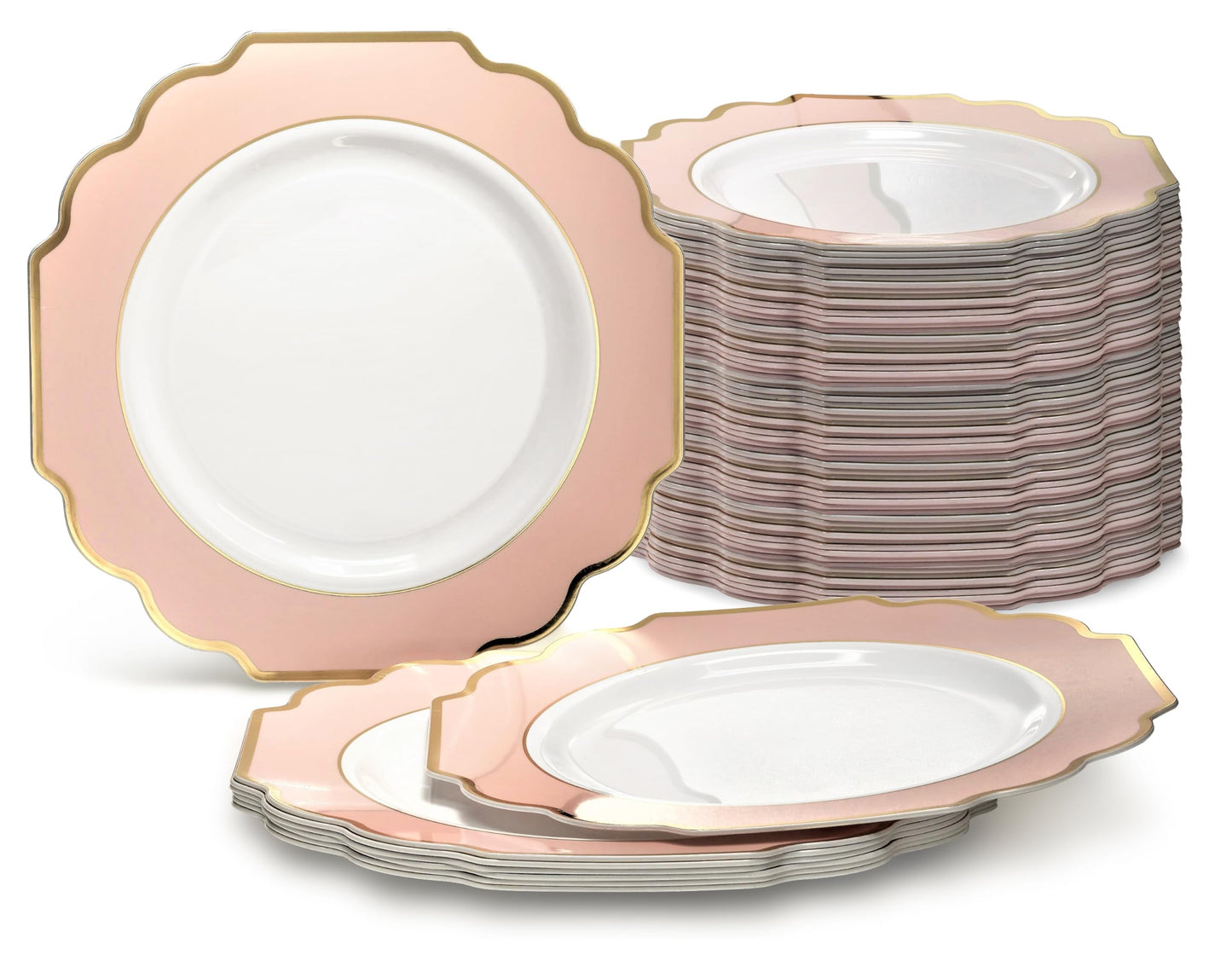 " OCCASIONS " 240 Plates Pack, Heavyweight Disposable Wedding Party Plastic Plates (8'' Appetizer/Dessert Plate, Imperial in White/Blush & Gold)