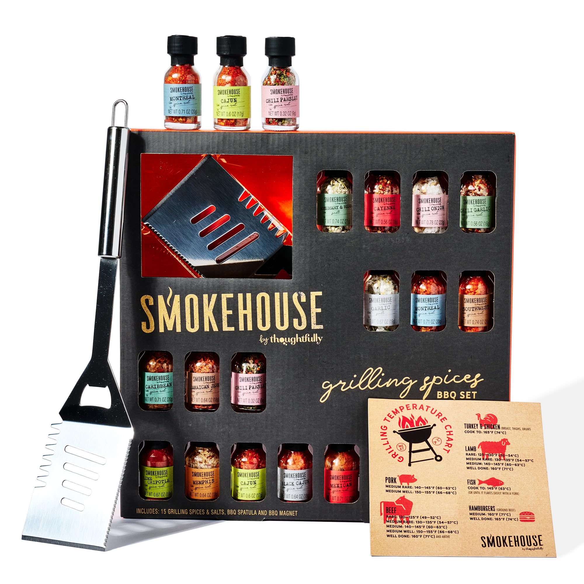 Smokehouse by Thoughtfully, Grilling Spices BBQ Set, Includes BBQ Spatula, Magnet and 15 Flavorful Seasoning and Rubs - Great Gift for Holiday, Men