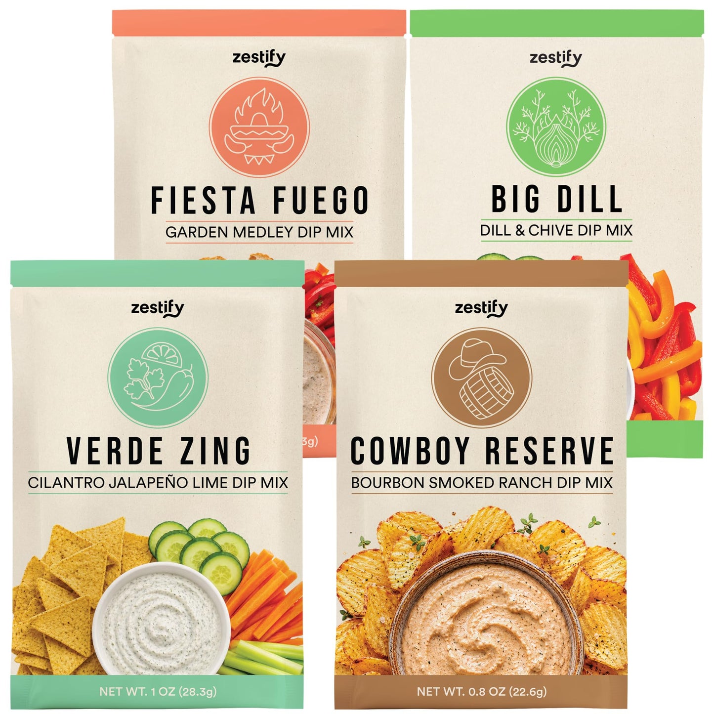Zestify Dips Variety Pack - Dill & Chive, Bourbon Smoked Ranch, Garden Medley, and Cilantro Jalapeno Lime Seasoning Mixes (Big Dill 0.7 oz, Cowboy